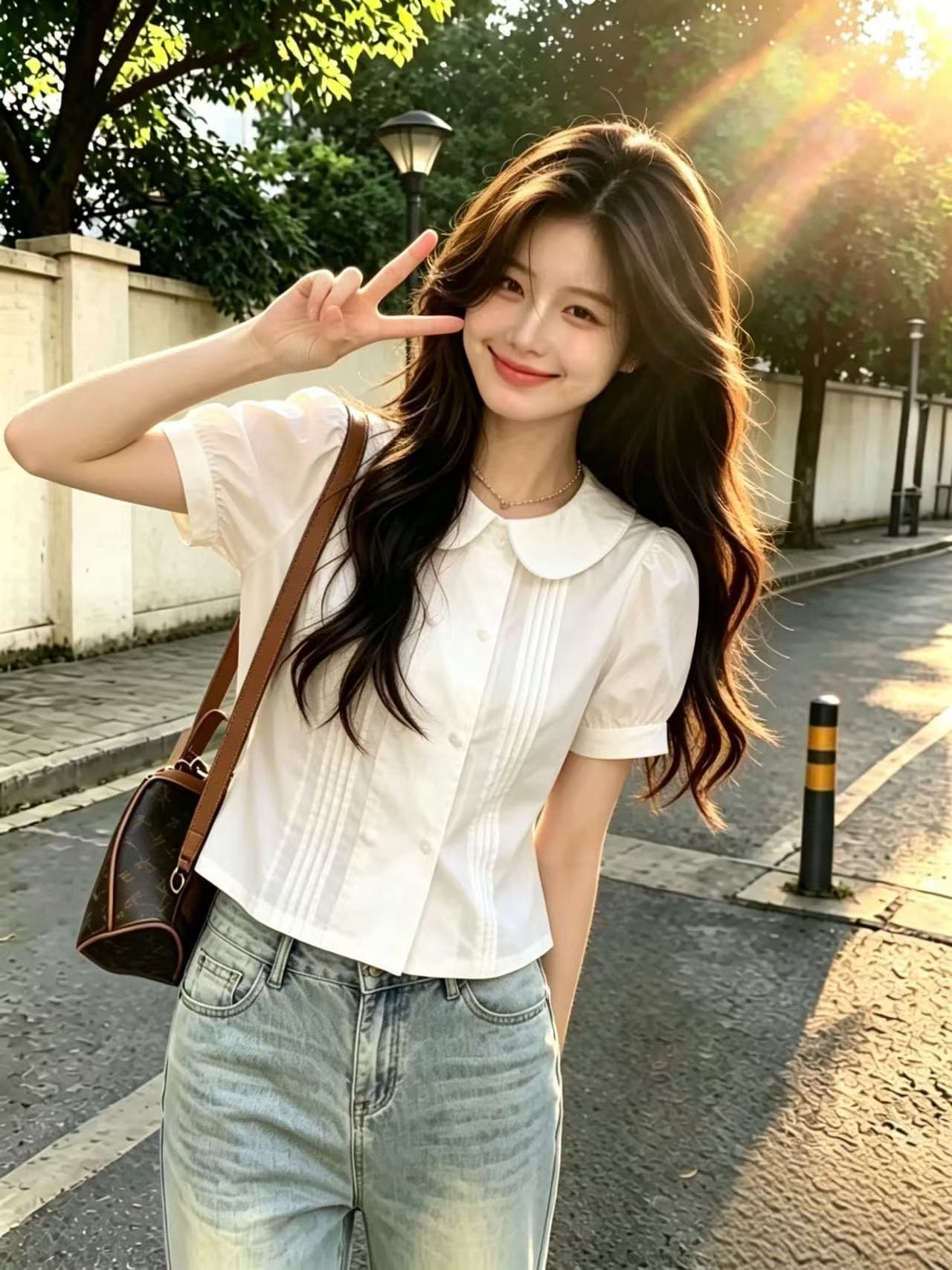 베이비 칼라 흰 셔츠 맨위 여성