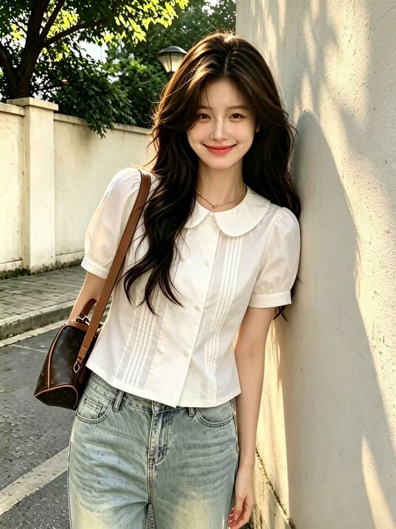베이비 칼라 흰 셔츠 맨위 여성 상세 이미지 6