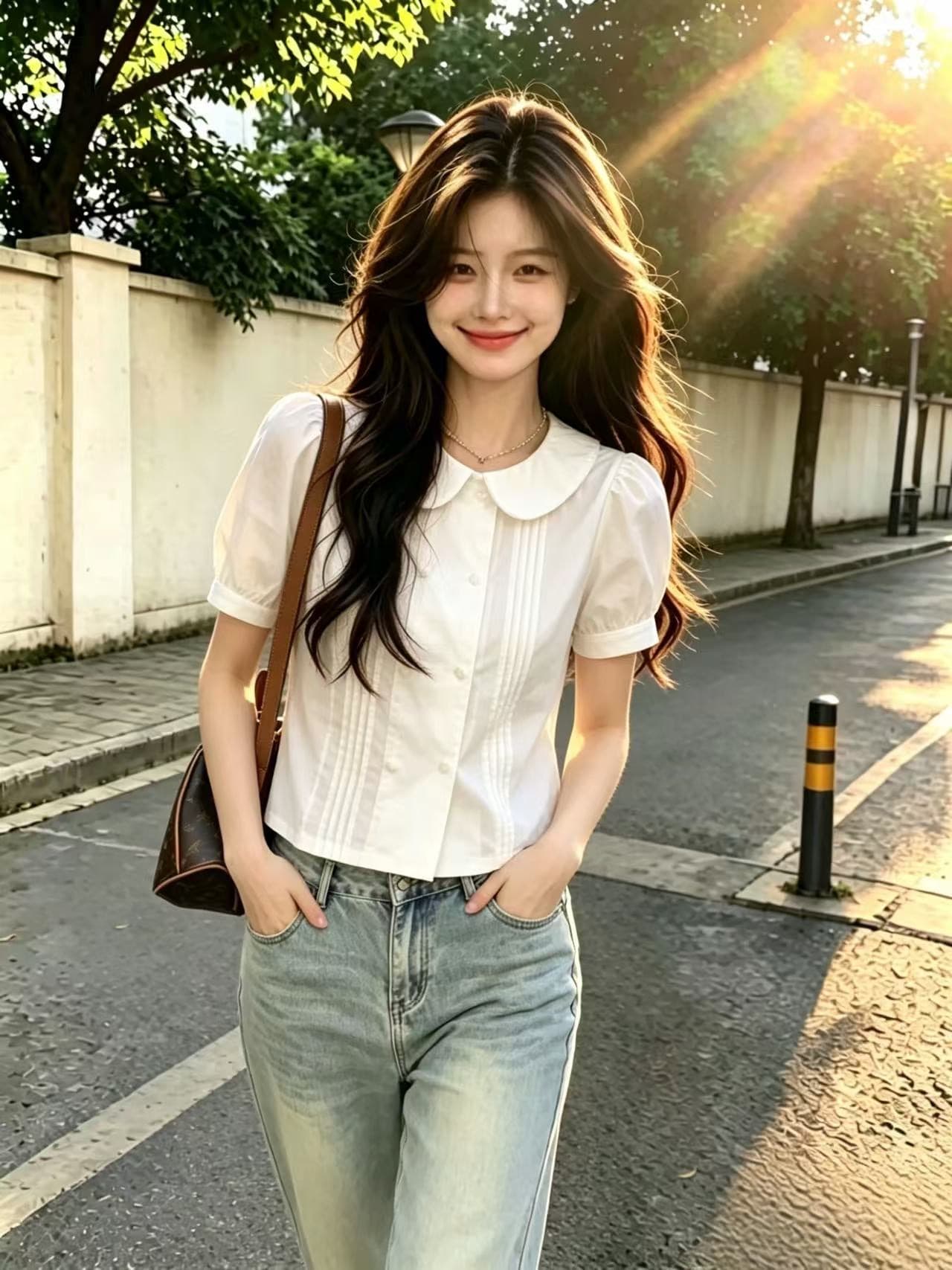 베이비 칼라 흰 셔츠 맨위 여성 상세 이미지 7