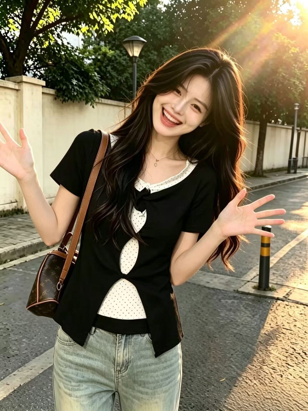 페이크 레이어드 홀로우 아웃 도트 무늬 맨위 여성 이미지 5