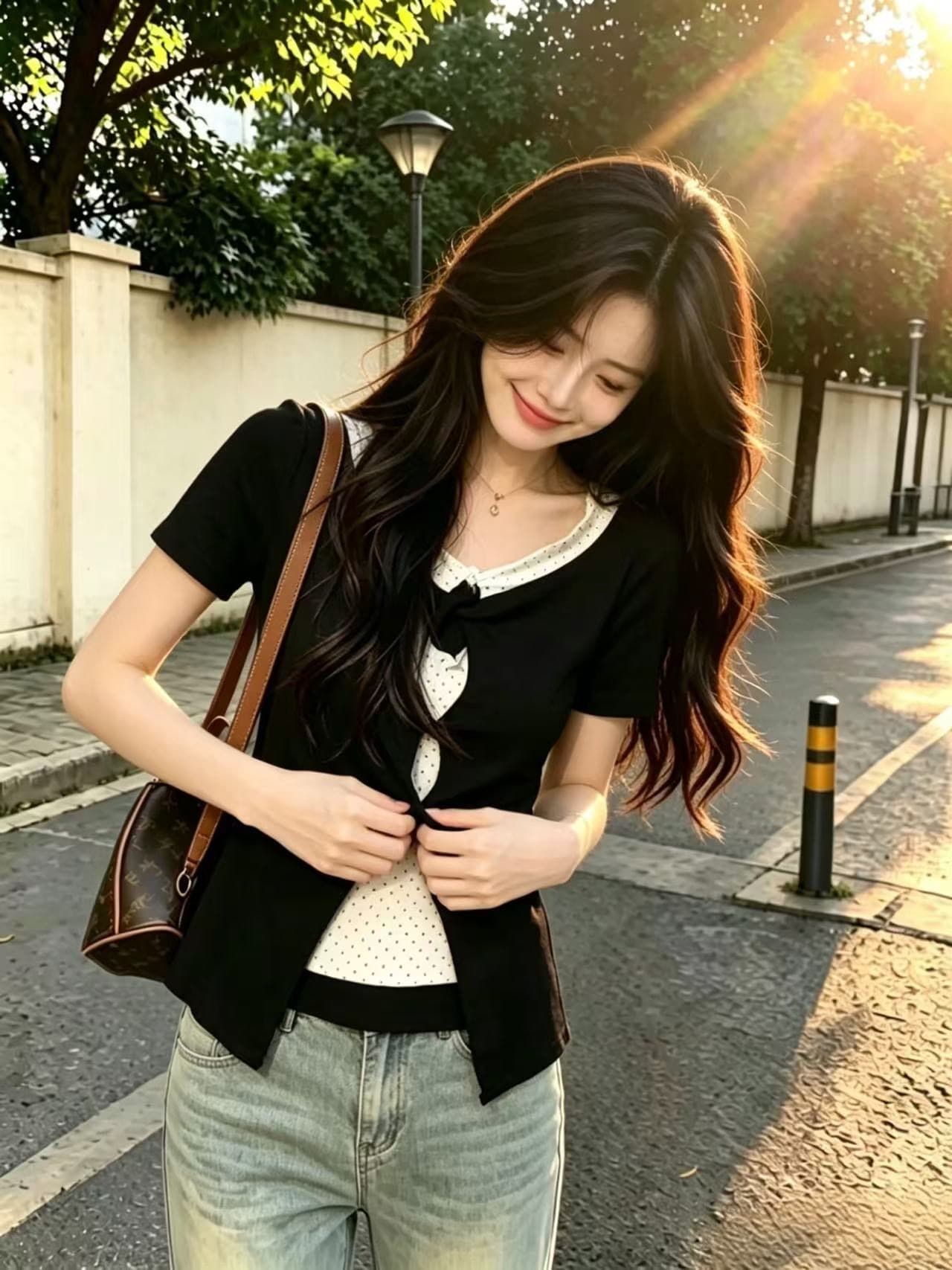 페이크 레이어드 홀로우 아웃 도트 무늬 맨위 여성 이미지 4