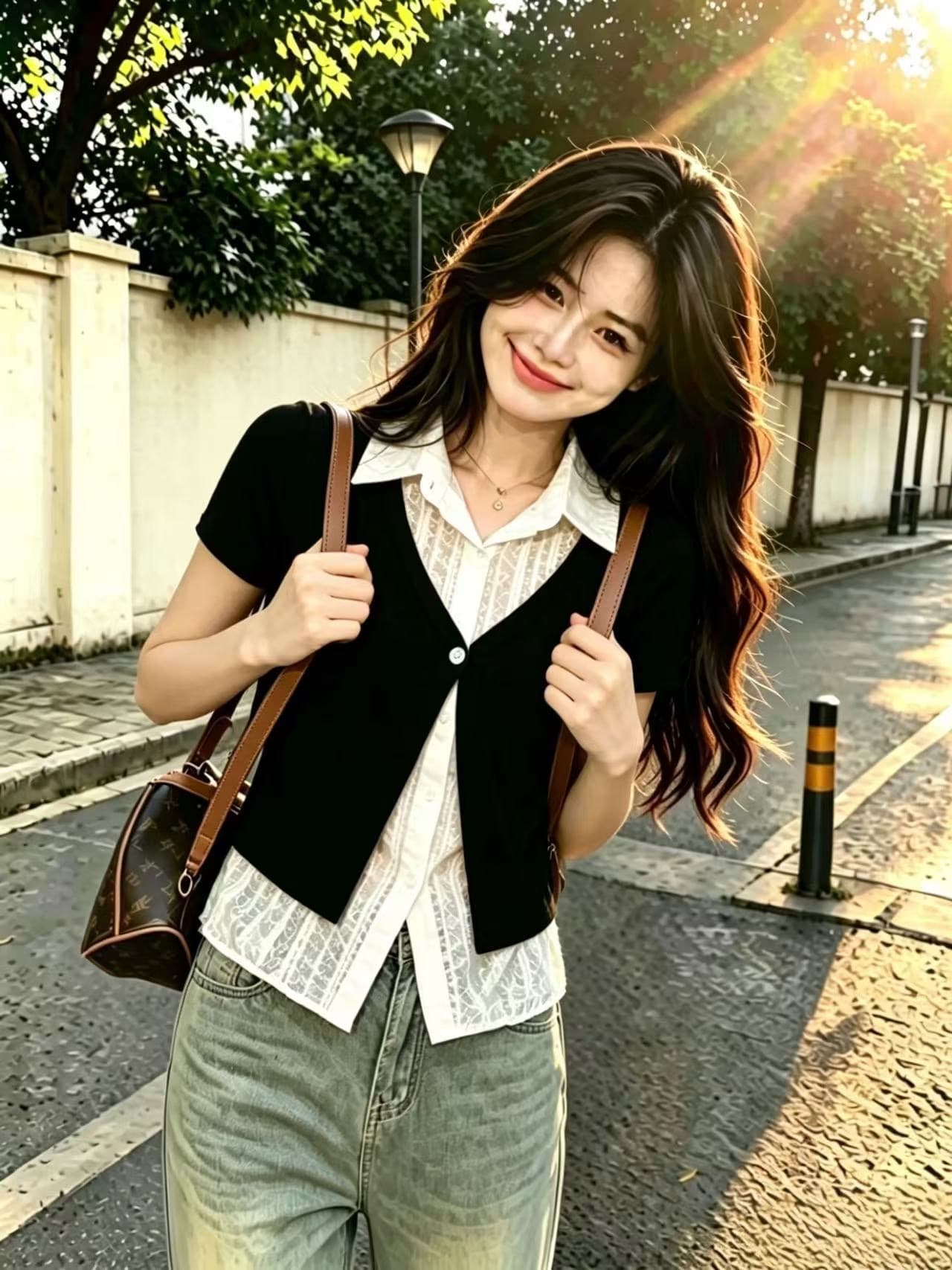 페이크 레이어드 패치워크 레이스 셔츠 맨위 여성 이미지 3