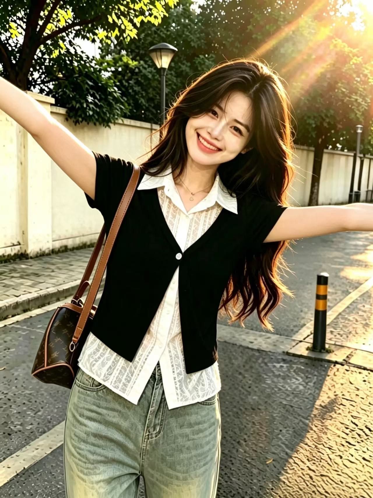 페이크 레이어드 패치워크 레이스 셔츠 맨위 여성 이미지 5