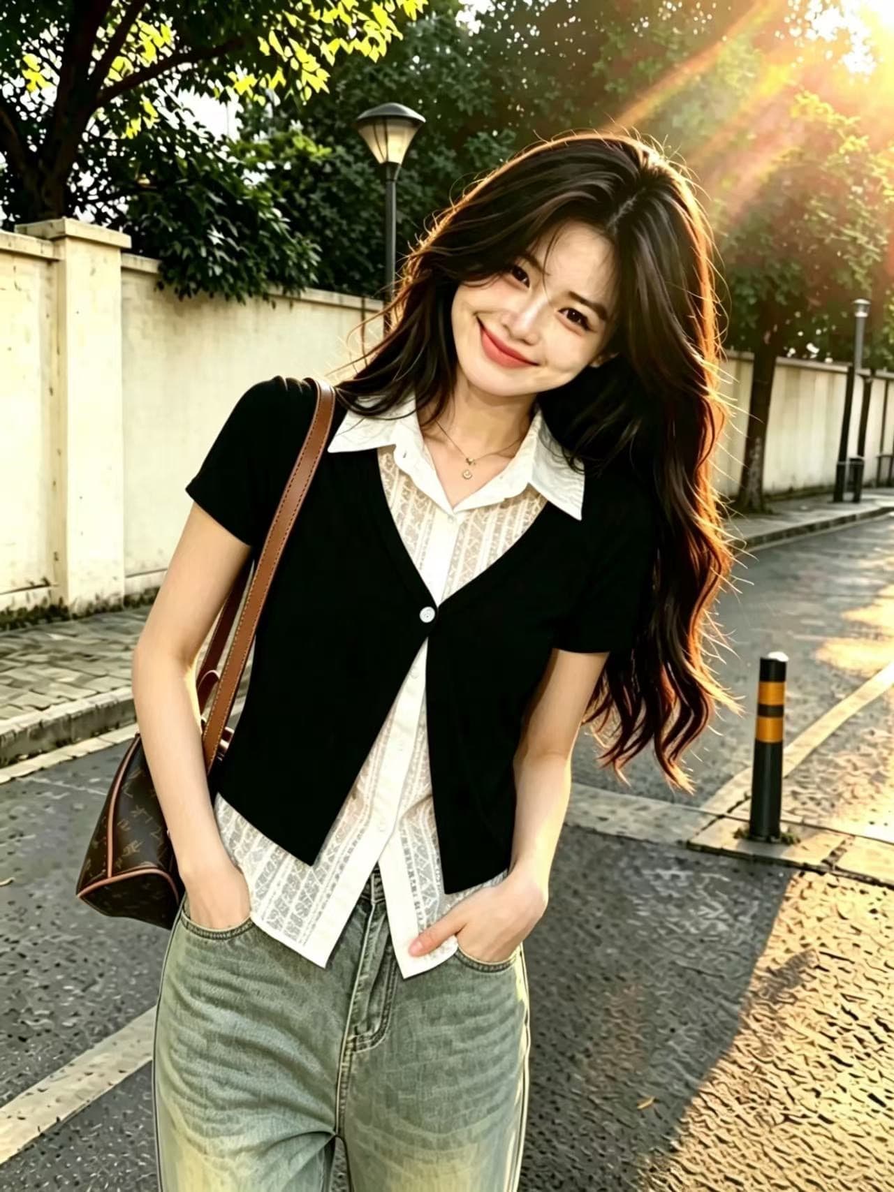 페이크 레이어드 패치워크 레이스 셔츠 맨위 여성 상세 이미지 5