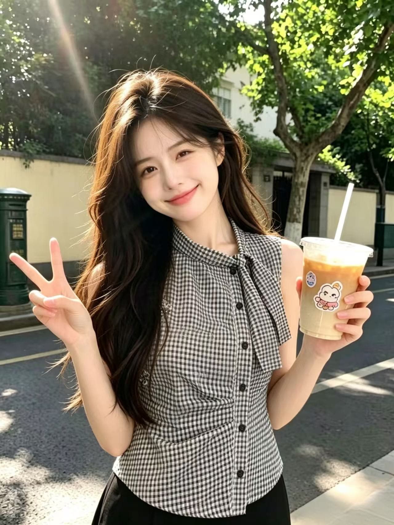 흑인과 백인 체크무늬 꼬집기 허리 민소매 셔츠 맨위 여성 이미지 2