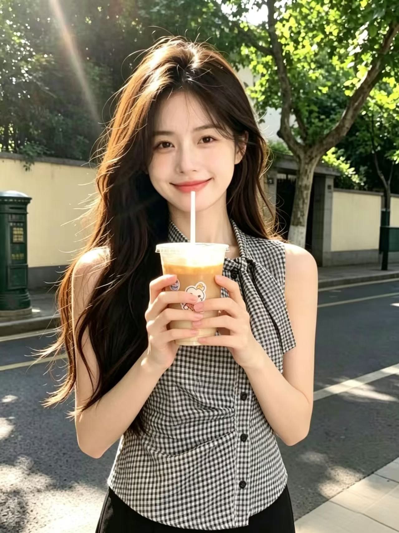 흑인과 백인 체크무늬 꼬집기 허리 민소매 셔츠 맨위 여성 이미지 5
