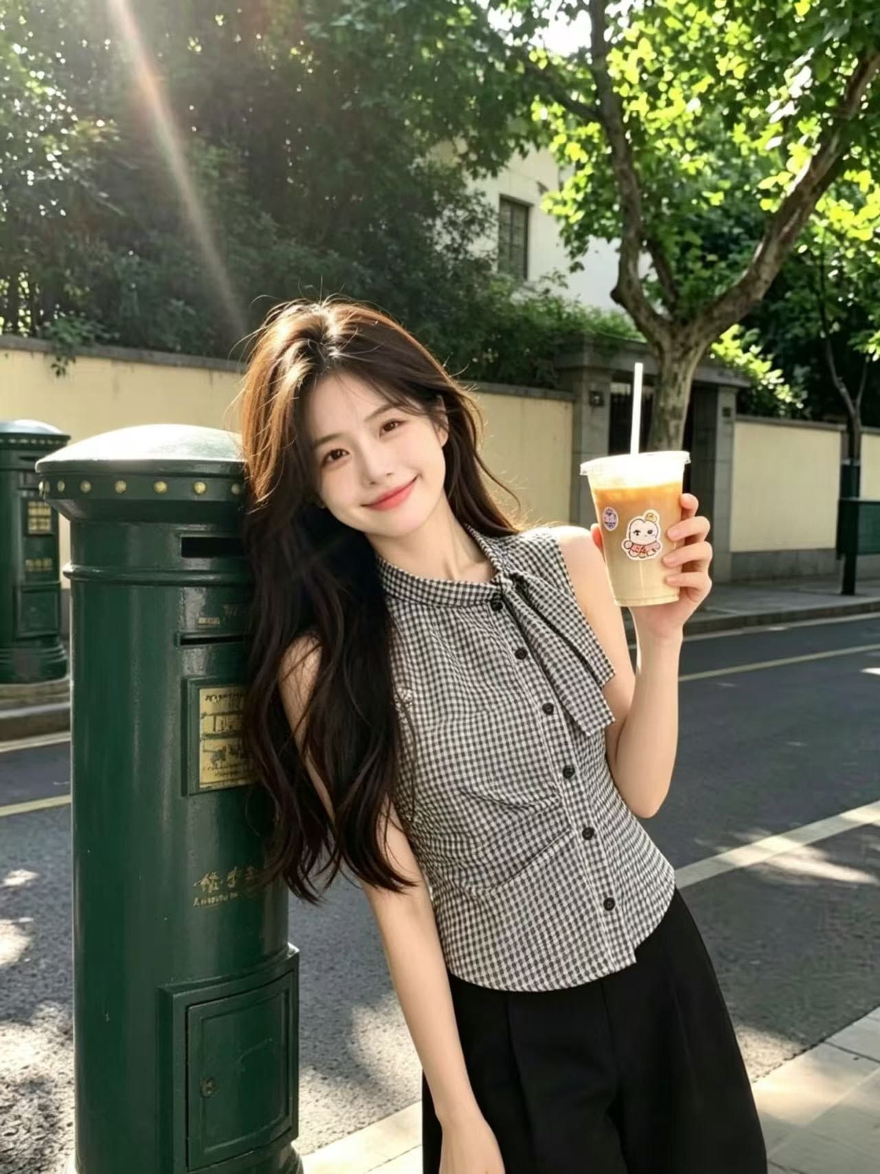 흑인과 백인 체크무늬 꼬집기 허리 민소매 셔츠 맨위 여성 상세 이미지 2