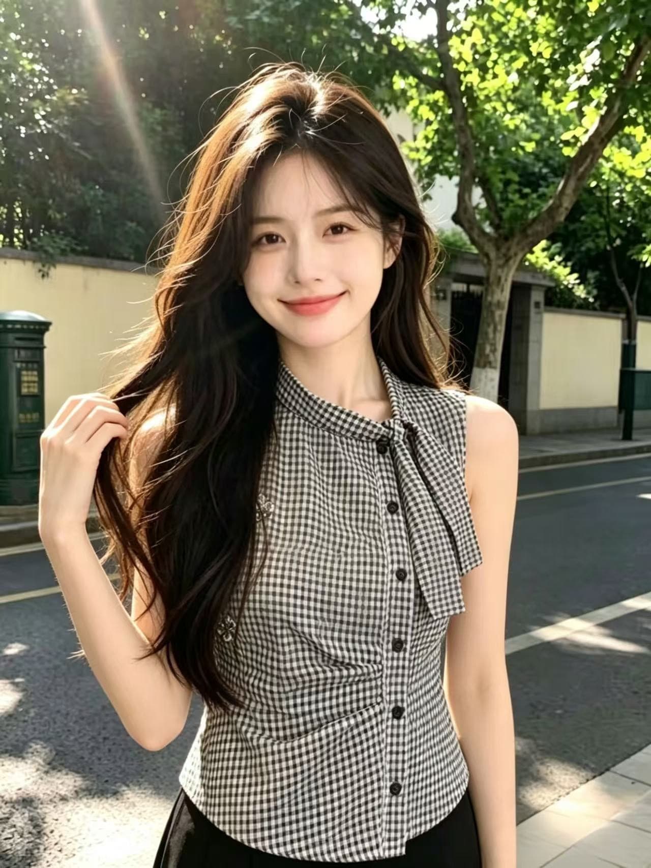흑인과 백인 체크무늬 꼬집기 허리 민소매 셔츠 맨위 여성 상세 이미지 4