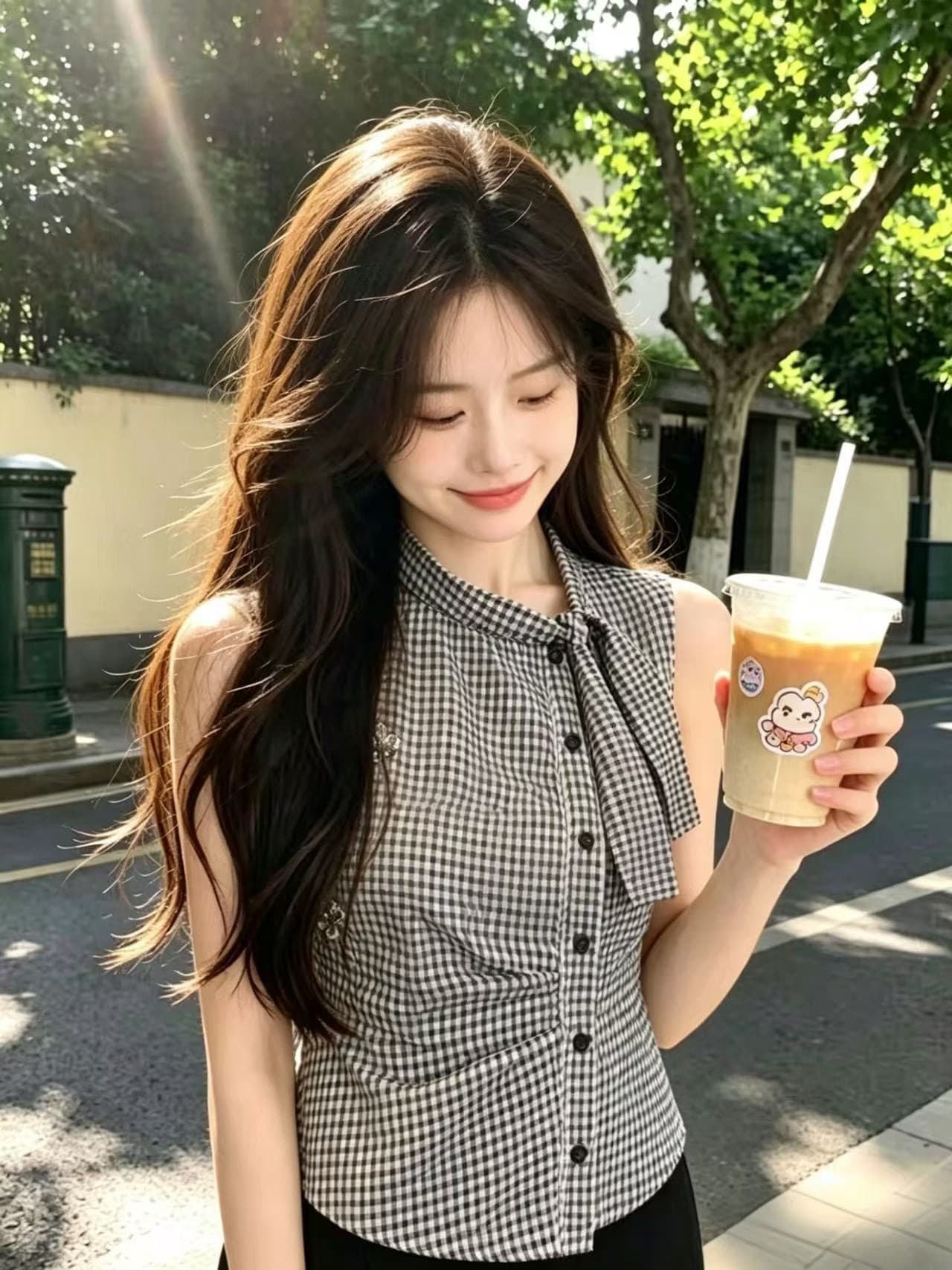 흑인과 백인 체크무늬 꼬집기 허리 민소매 셔츠 맨위 여성 상세 이미지 5