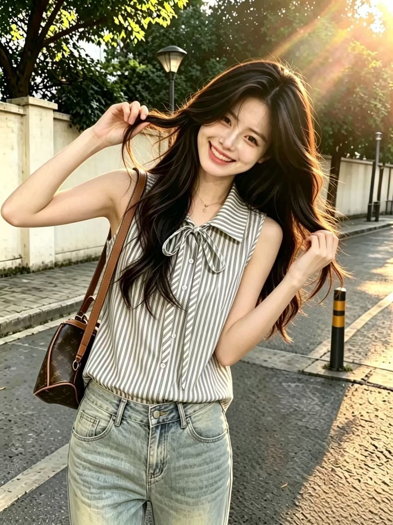 레이스업 나비 매듭 셔츠 맨위 여성 이미지 4