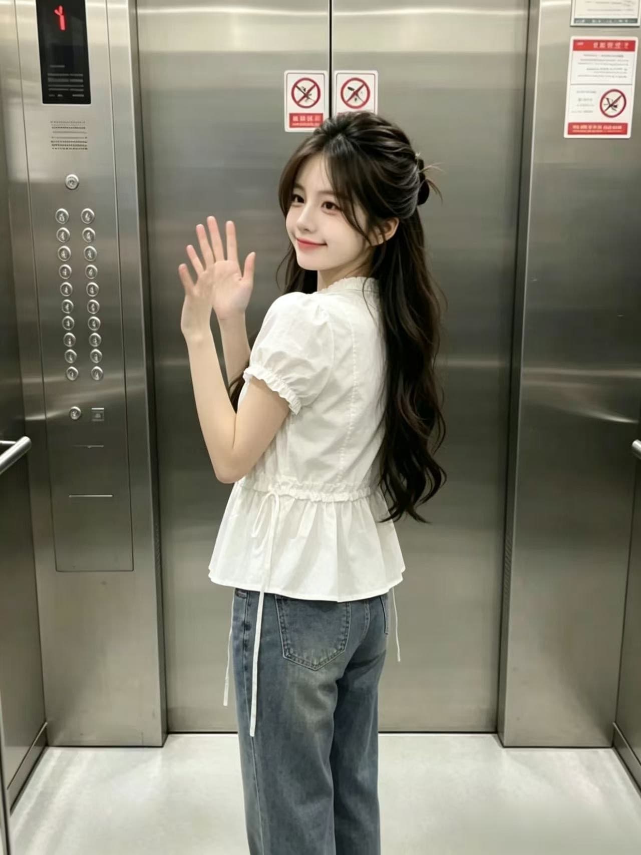 프릴 거품 소매 허리 수축 셔츠 맨위 여성 이미지 3