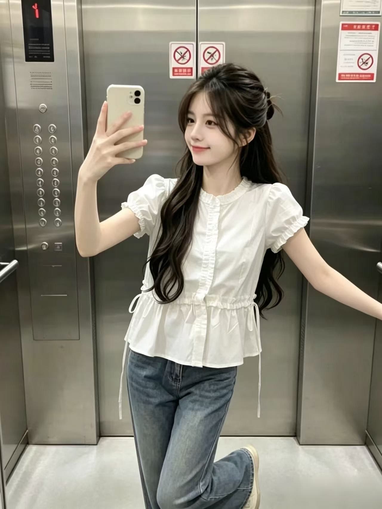 프릴 거품 소매 허리 수축 셔츠 맨위 여성 상세 이미지 2