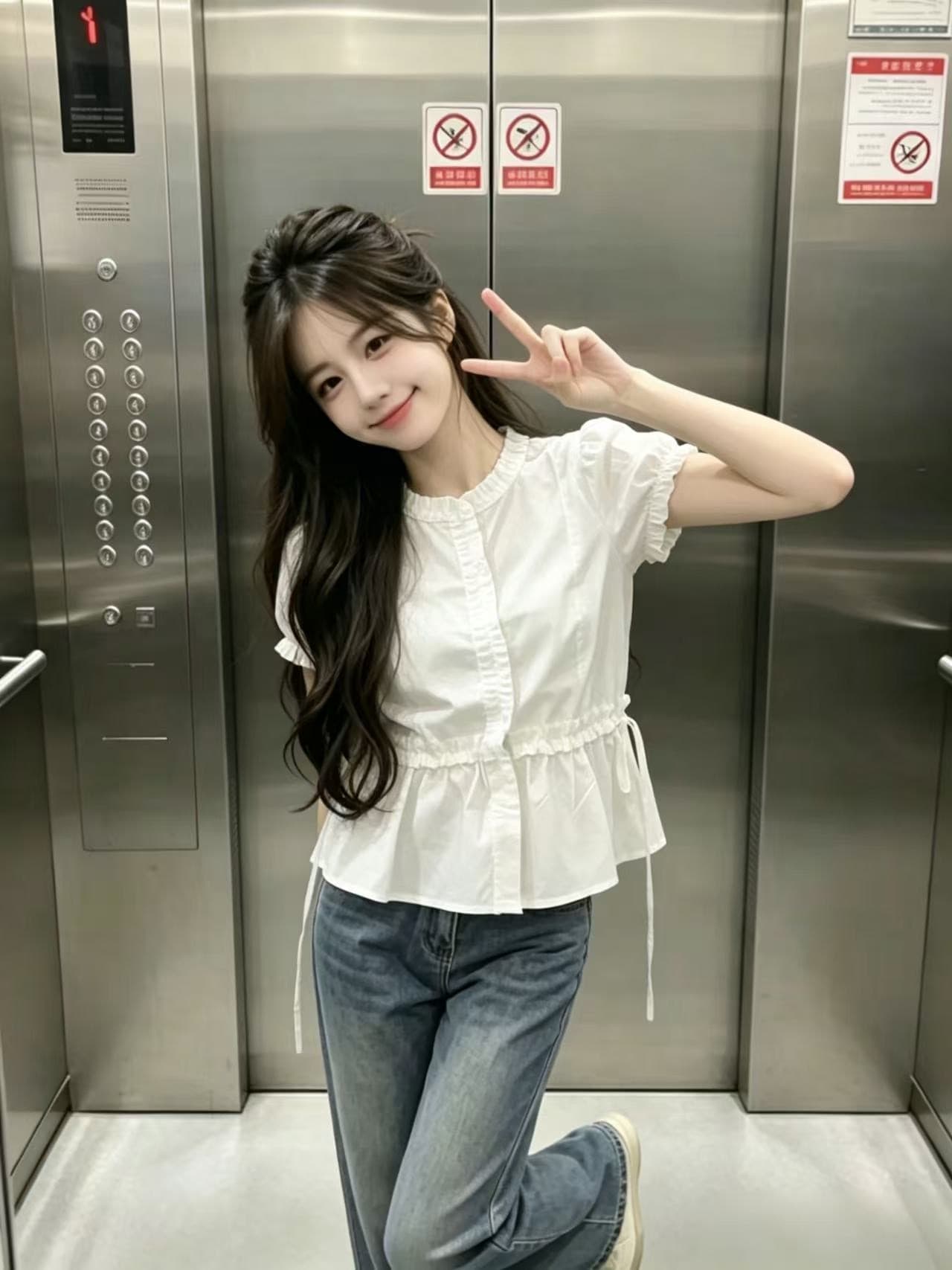 프릴 거품 소매 허리 수축 셔츠 맨위 여성 상세 이미지 3