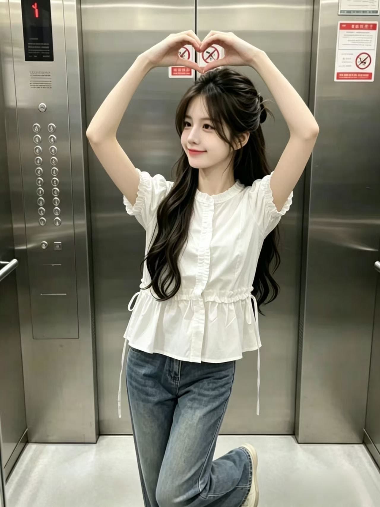 프릴 거품 소매 허리 수축 셔츠 맨위 여성 상세 이미지 4