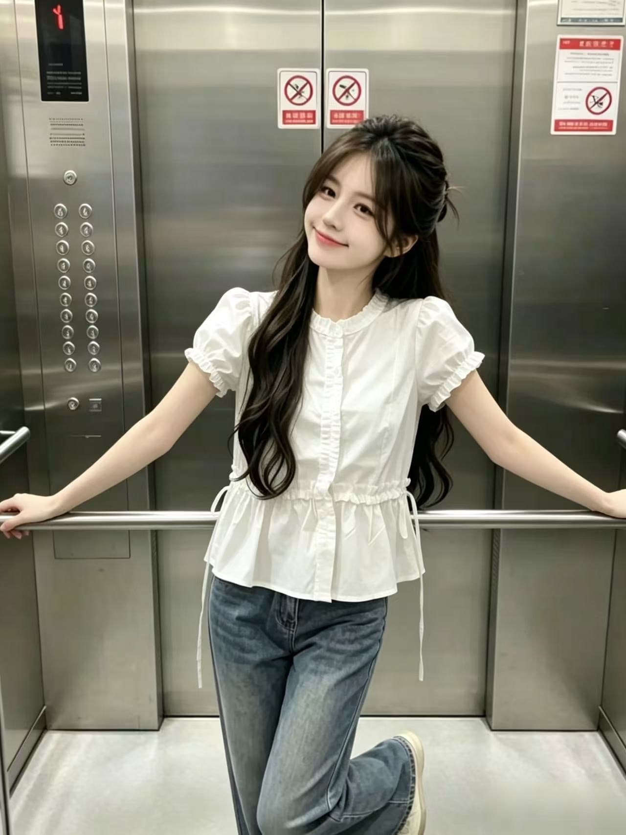 프릴 거품 소매 허리 수축 셔츠 맨위 여성 상세 이미지 7