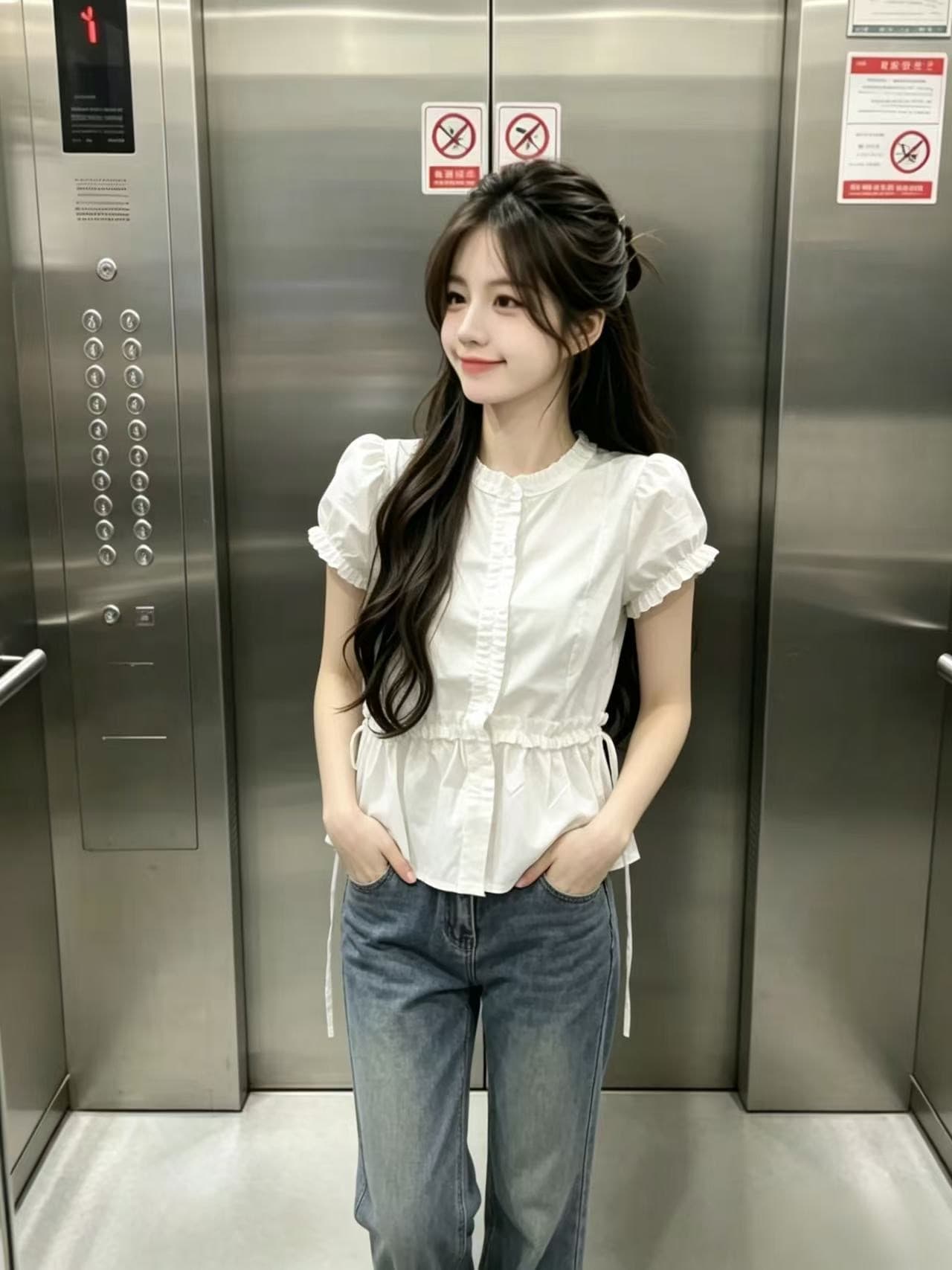 프릴 거품 소매 허리 수축 셔츠 맨위 여성 상세 이미지 8