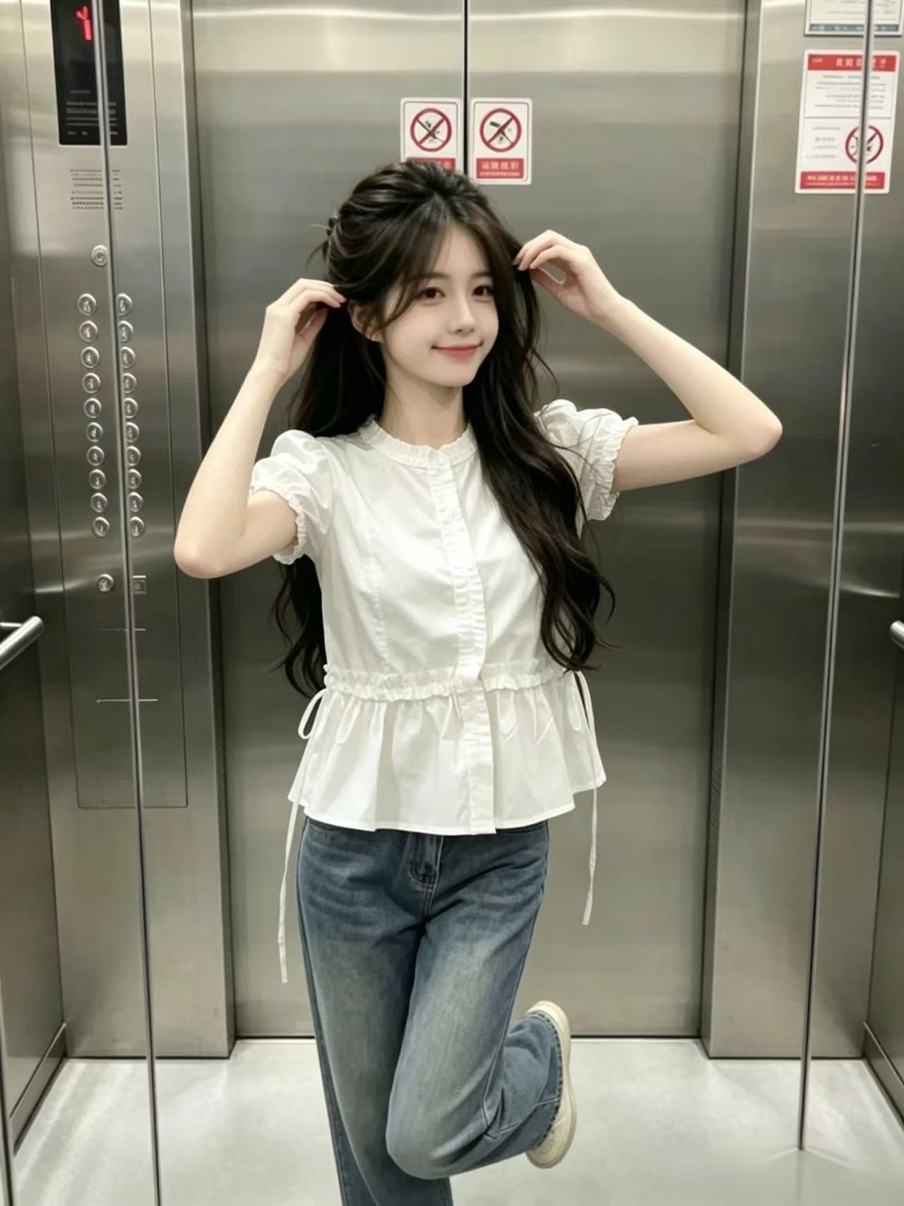 프릴 거품 소매 허리 수축 셔츠 맨위 여성 상세 이미지 9