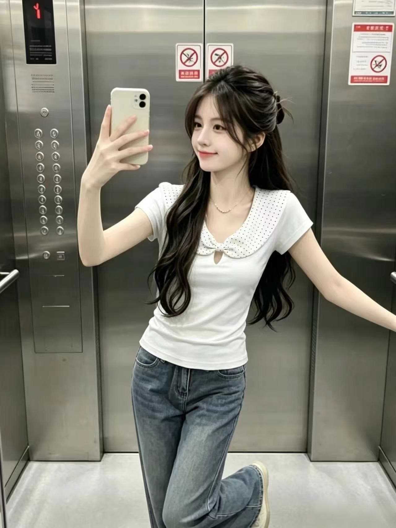 도트 무늬 베이비 칼라 맨위 여성 이미지 4