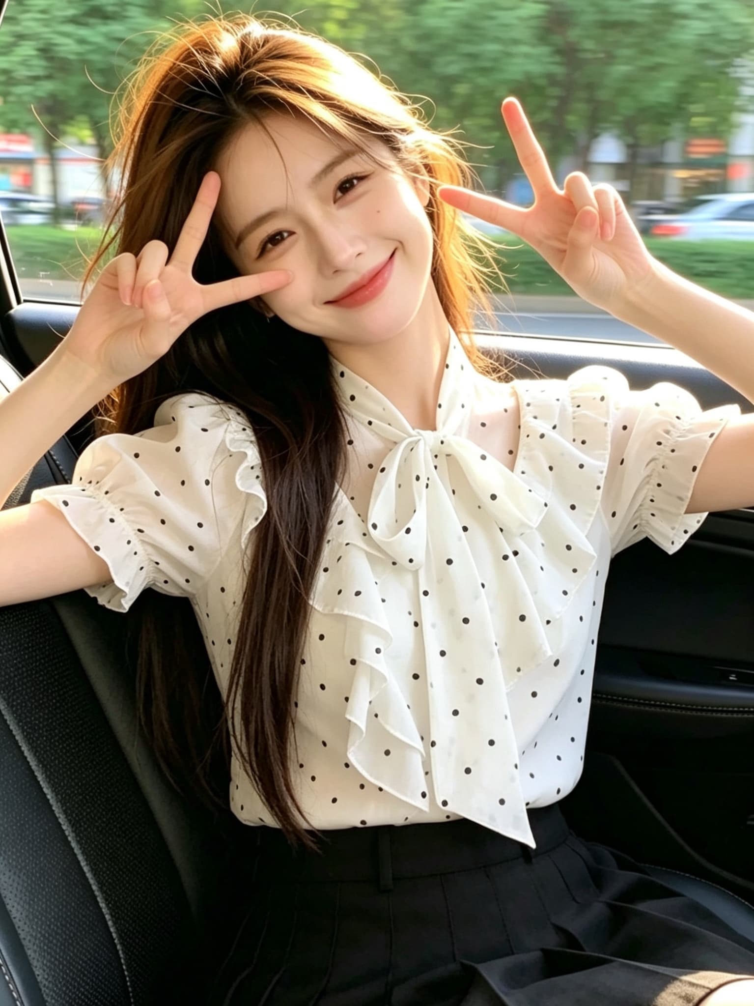 나비 매듭 프릴 도트 무늬 셔츠 맨위 여성 이미지 2