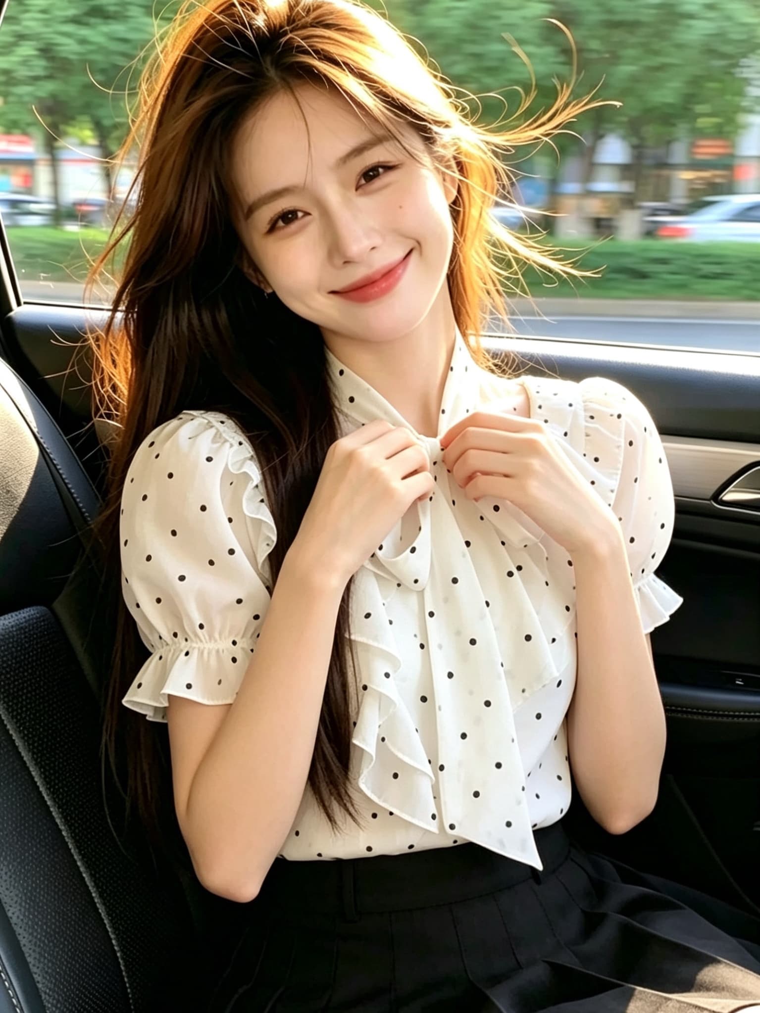 나비 매듭 프릴 도트 무늬 셔츠 맨위 여성 이미지 3