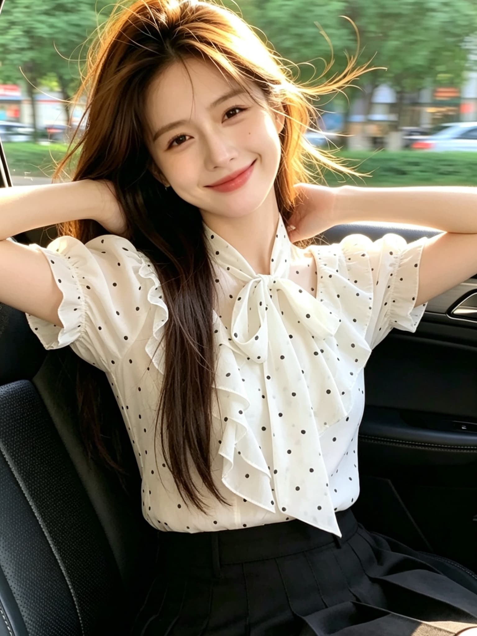 나비 매듭 프릴 도트 무늬 셔츠 맨위 여성 상세 이미지 7