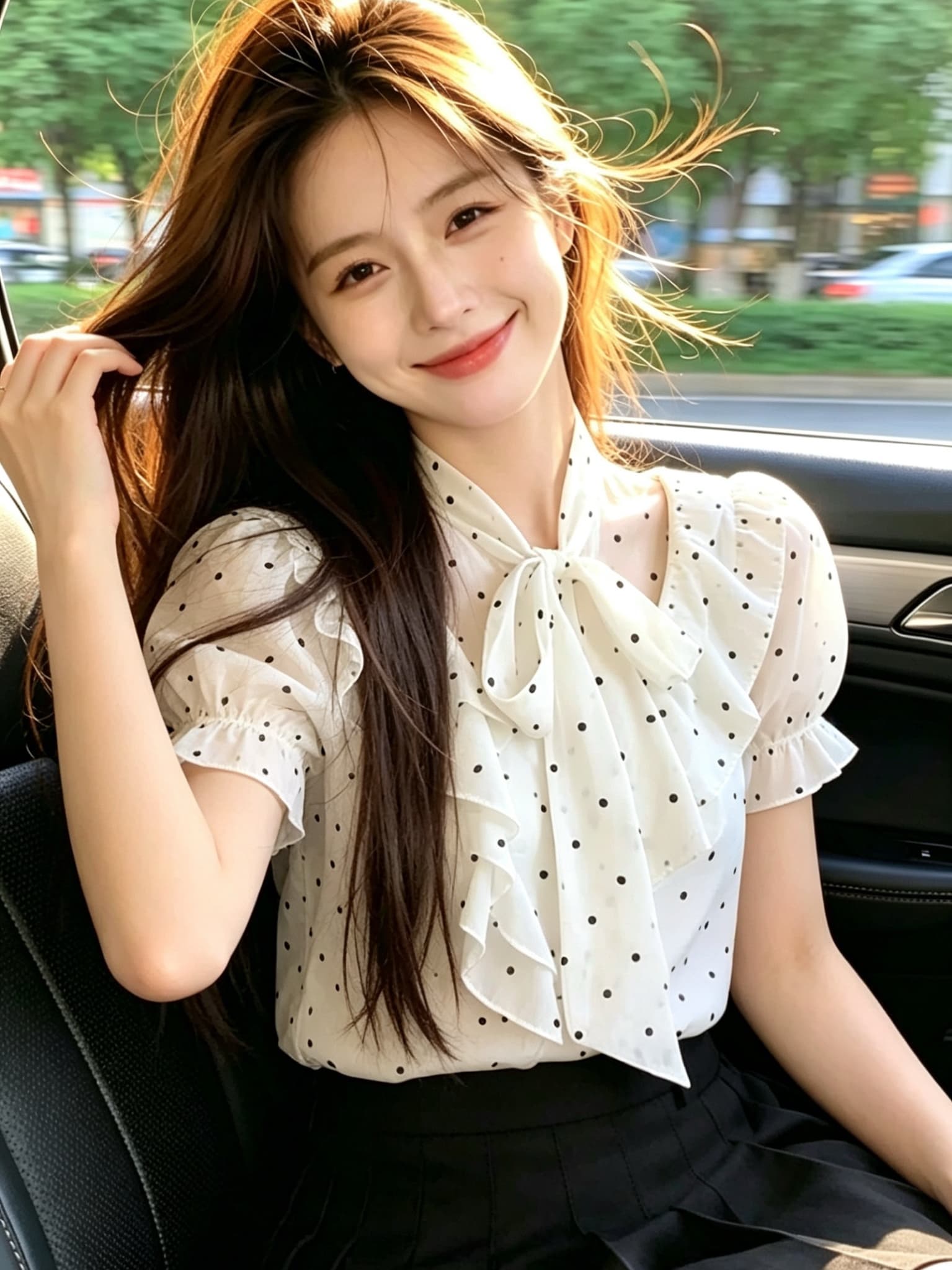나비 매듭 프릴 도트 무늬 셔츠 맨위 여성 상세 이미지 9
