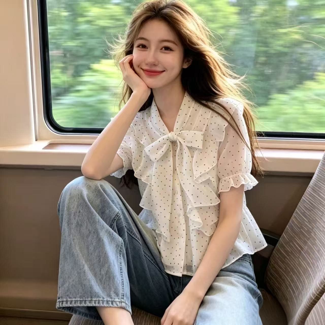나비 매듭 레이스 업 셔츠 맨위 여성 이미지 2
