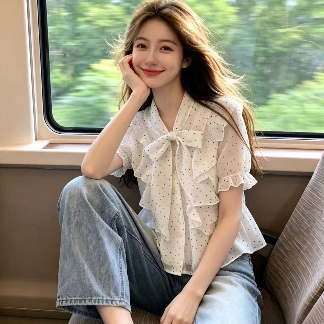 나비 매듭 레이스 업 셔츠 맨위 여성 상세 이미지 2