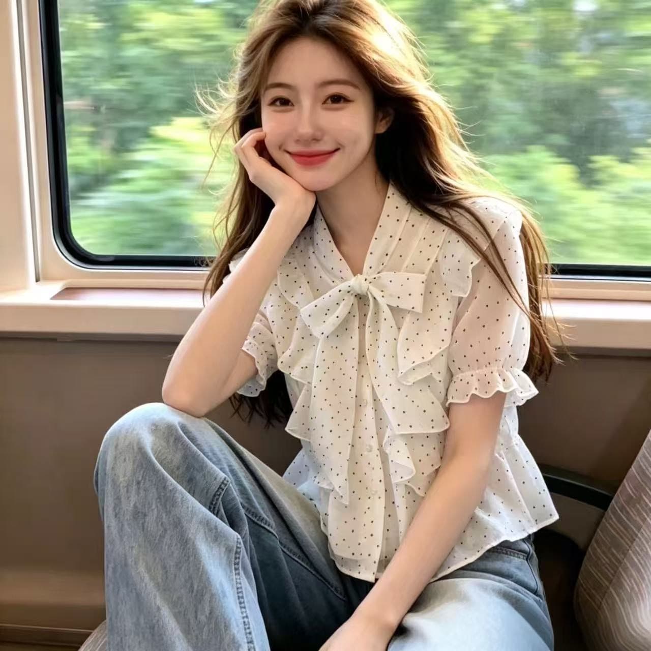 나비 매듭 레이스 업 셔츠 맨위 여성 상세 이미지 7