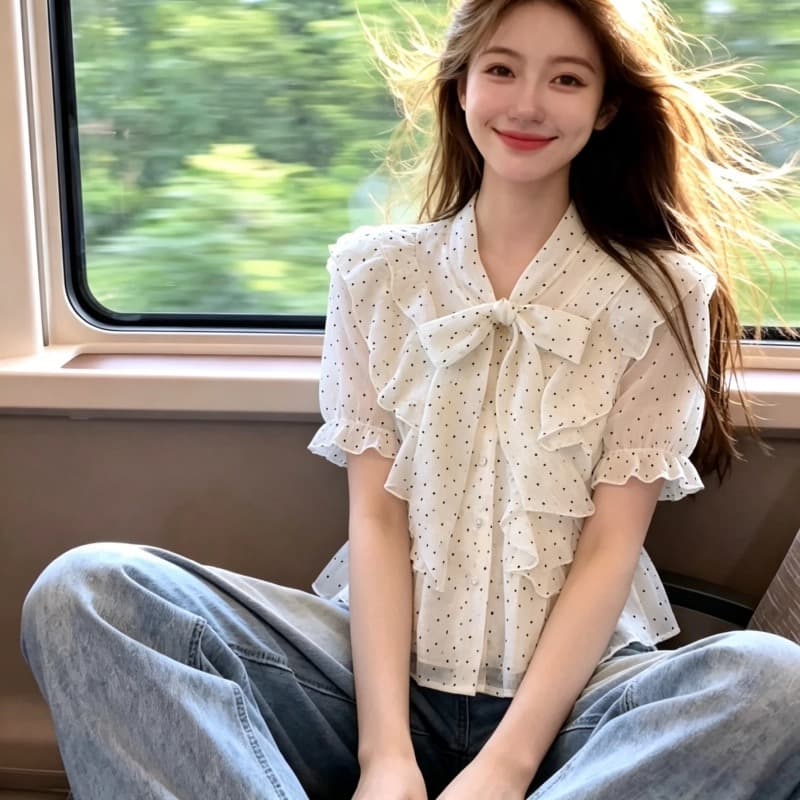 나비 매듭 레이스 업 셔츠 맨위 여성 상세 이미지 8