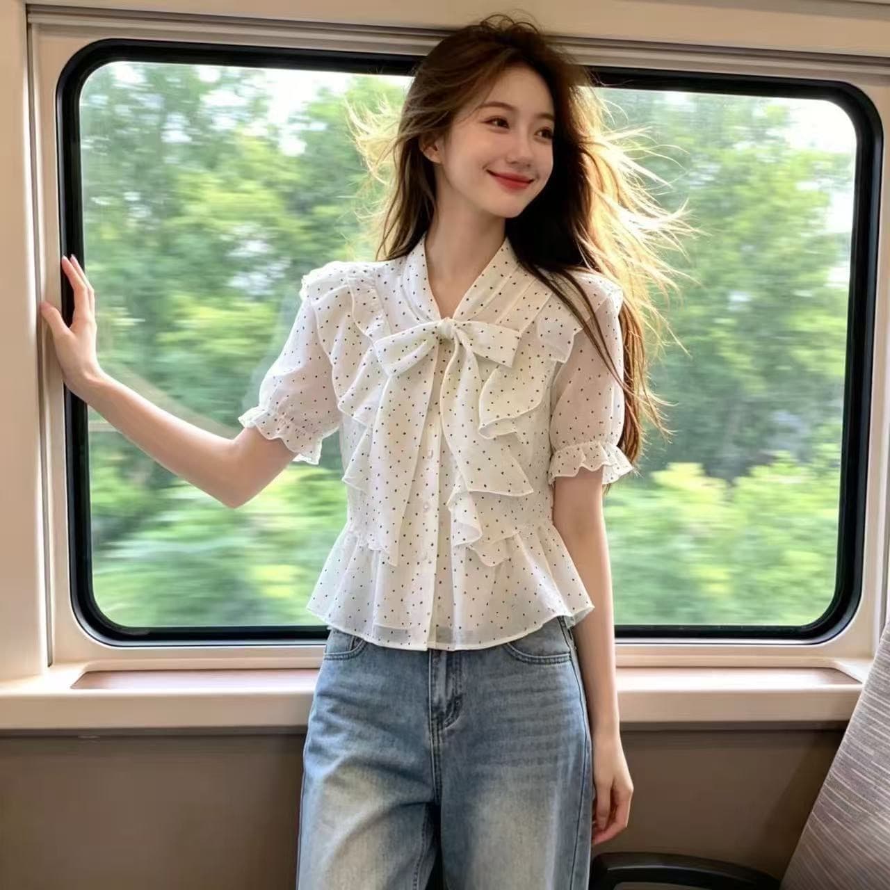 나비 매듭 레이스 업 셔츠 맨위 여성 상세 이미지 10