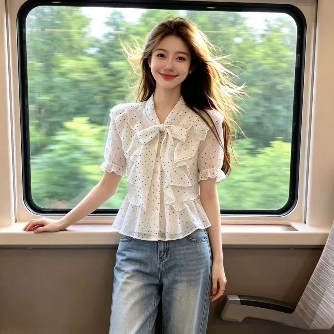나비 매듭 레이스 업 셔츠 맨위 여성 상세 이미지 11