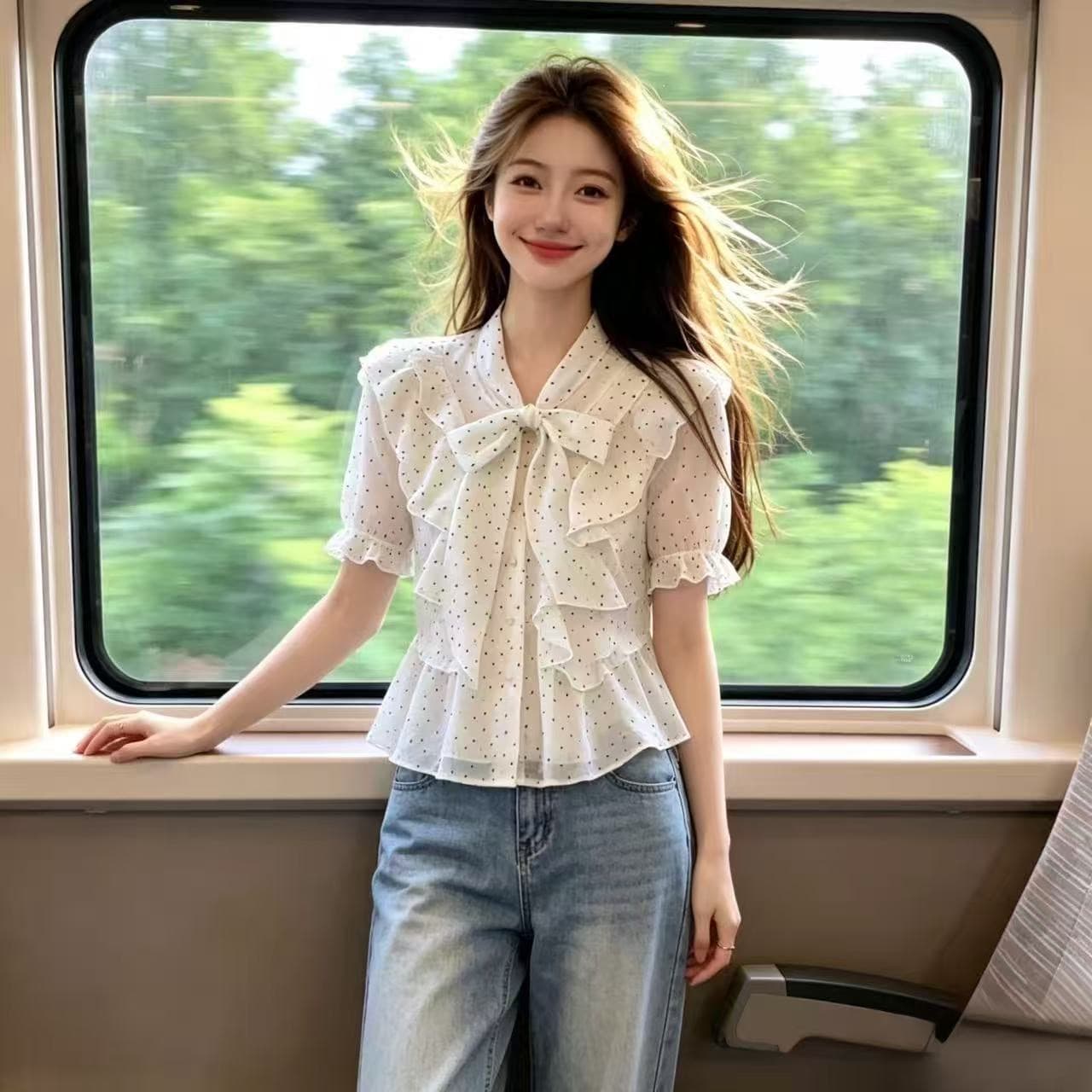 나비 매듭 레이스 업 셔츠 맨위 여성 상세 이미지 13