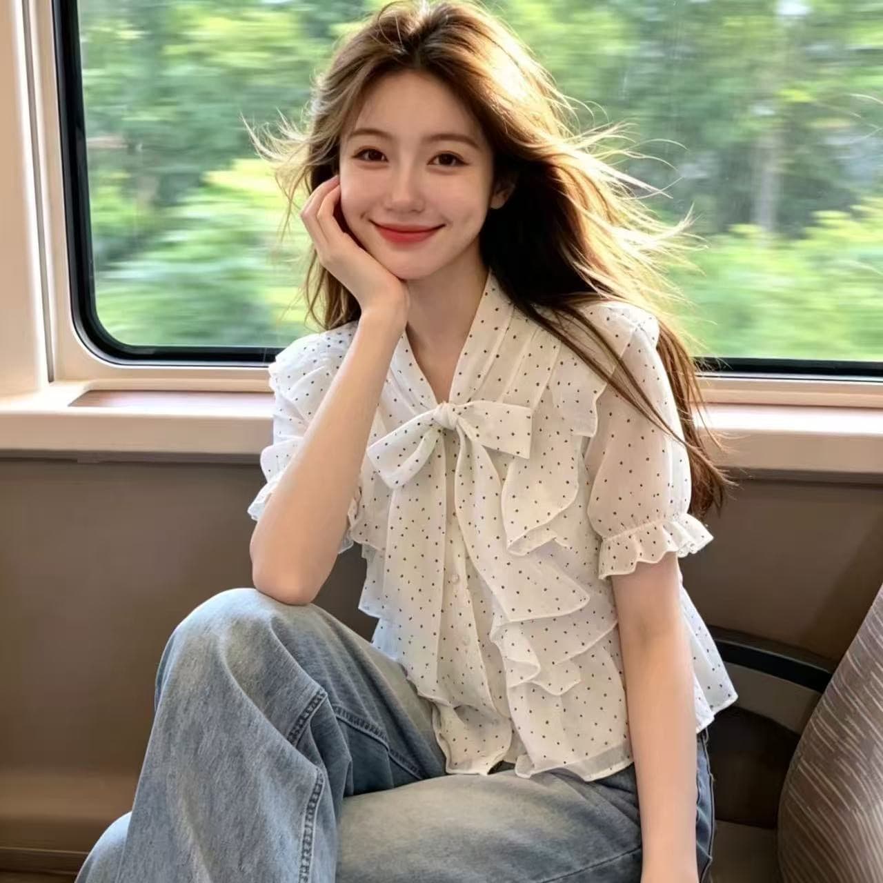 나비 매듭 레이스 업 셔츠 맨위 여성 이미지 4