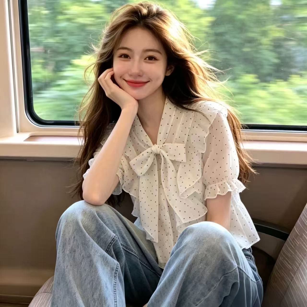 나비 매듭 레이스 업 셔츠 맨위 여성 이미지 5