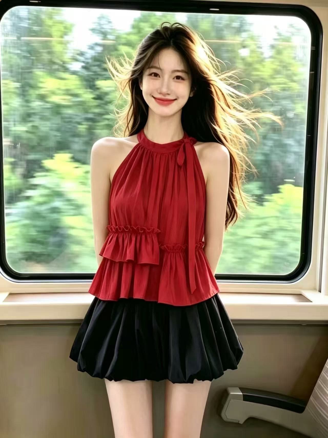 프릴 행침 목 셔츠 맨위 여성 이미지 4