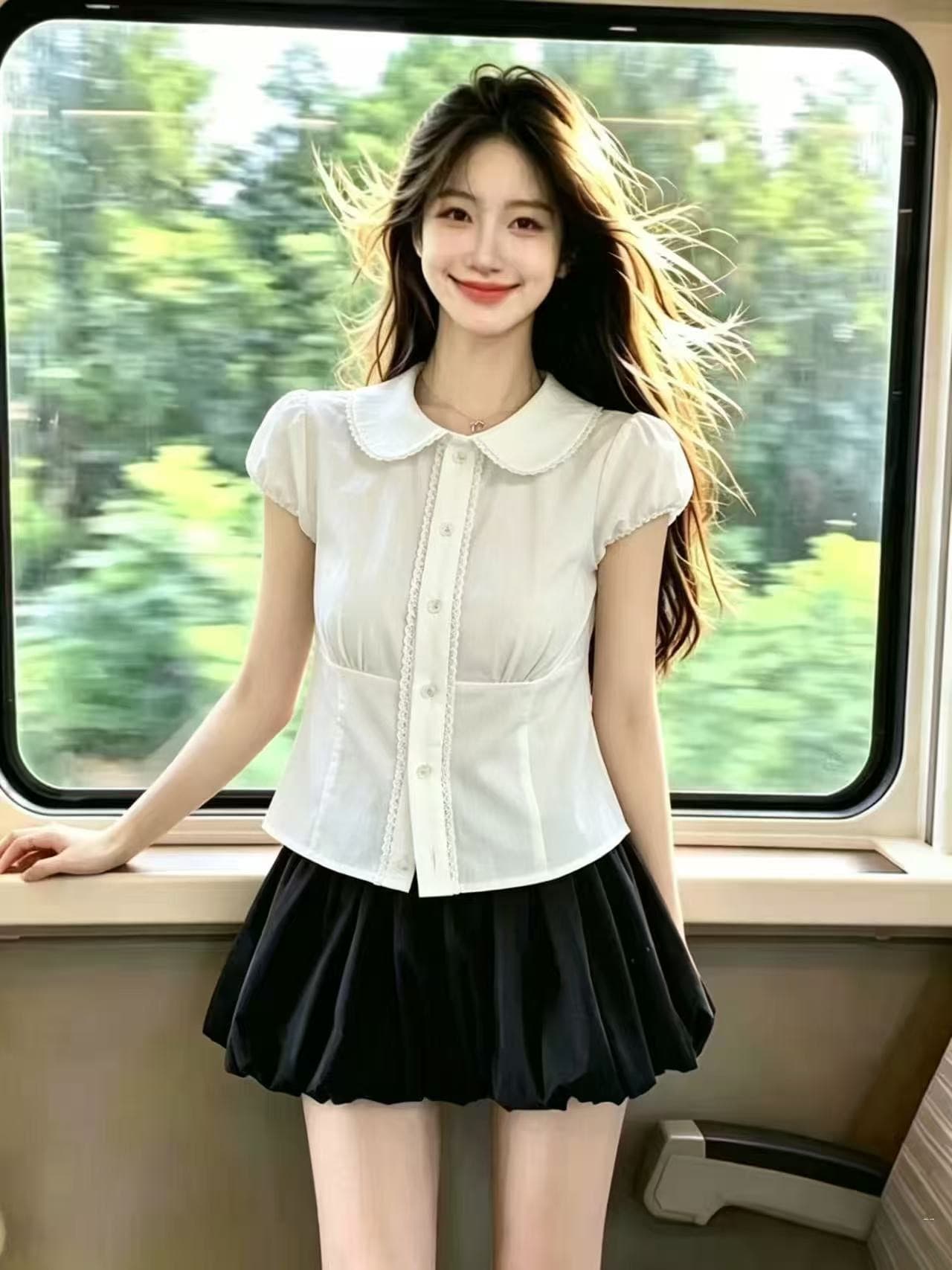 레이스 베이비 칼라 반팔 셔츠 맨위 여성 상세 이미지 7