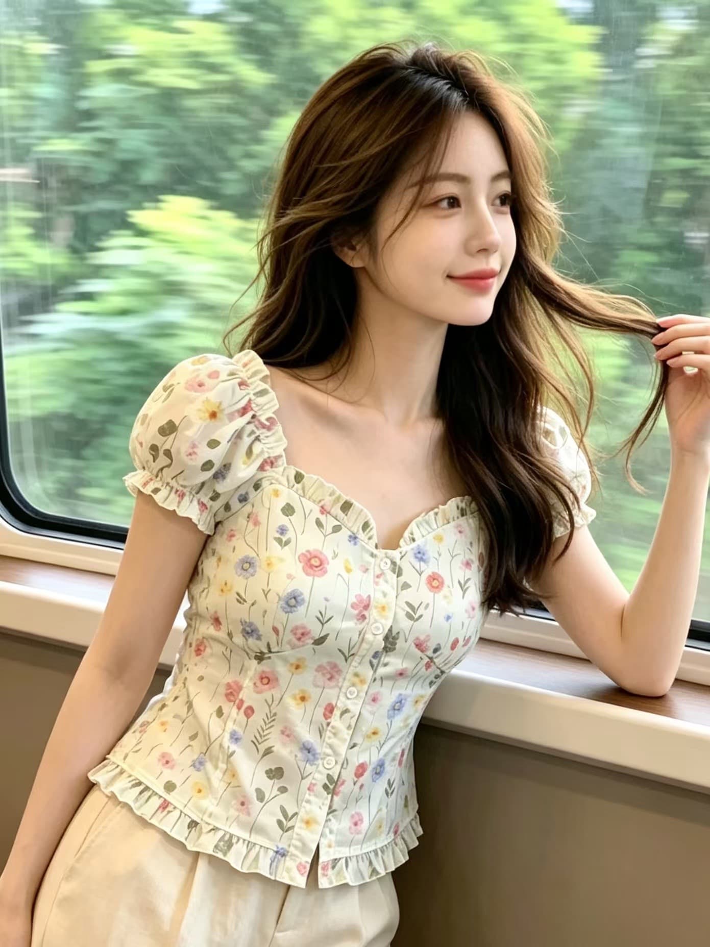 도파민 꽃무늬 거품 소매 맨위 여성 이미지 5