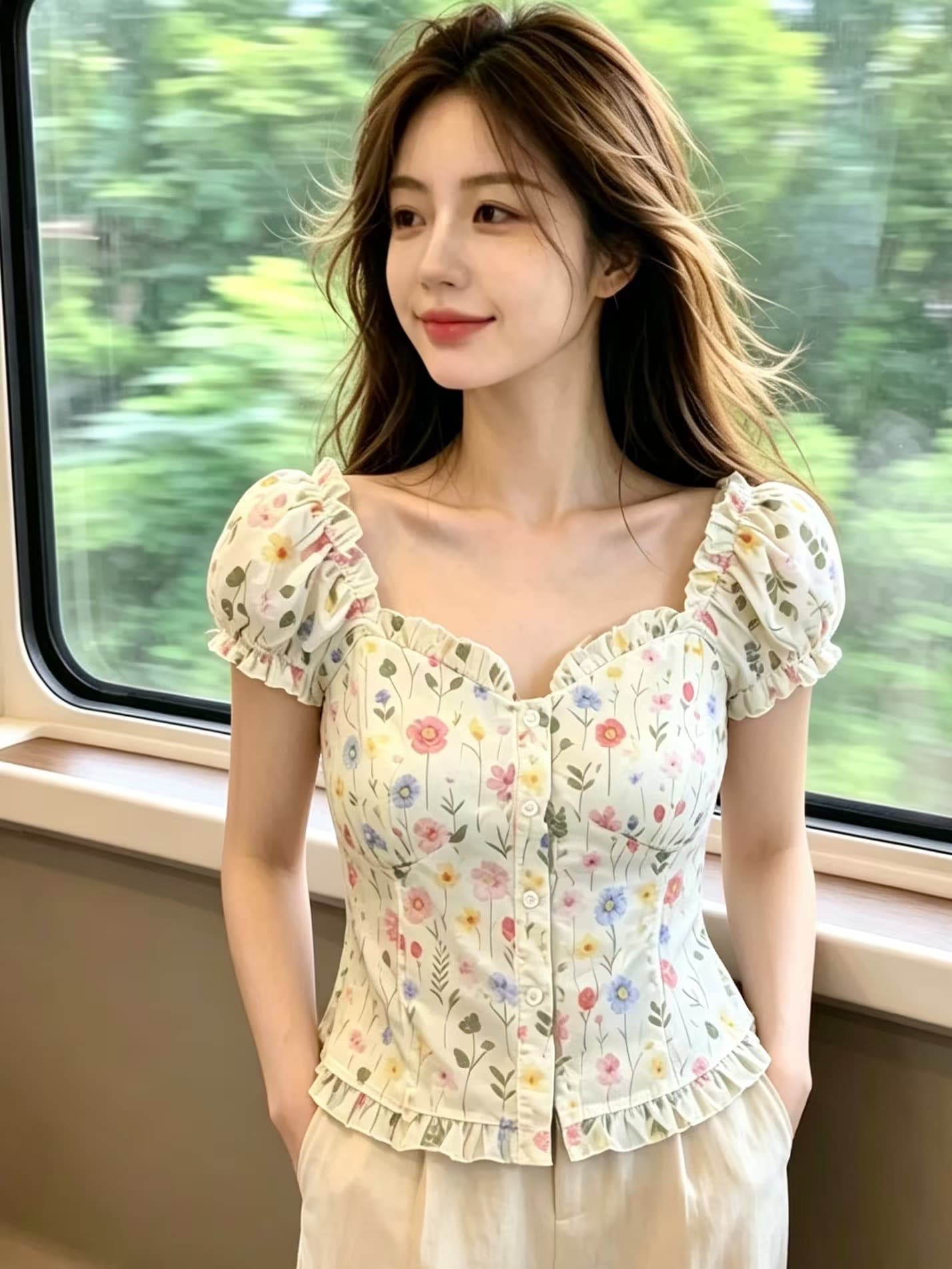 도파민 꽃무늬 거품 소매 맨위 여성 상세 이미지 2