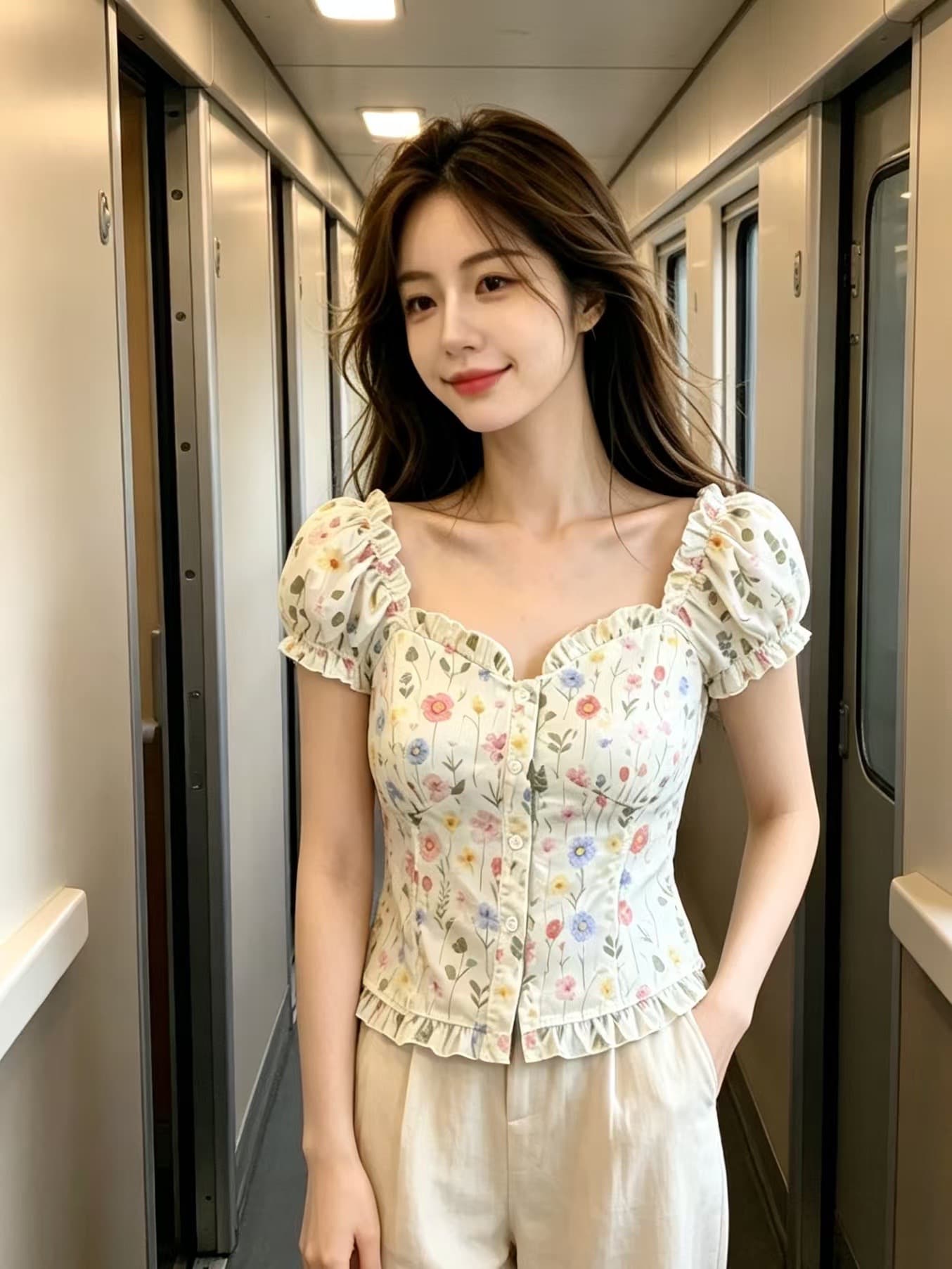 도파민 꽃무늬 거품 소매 맨위 여성 상세 이미지 4