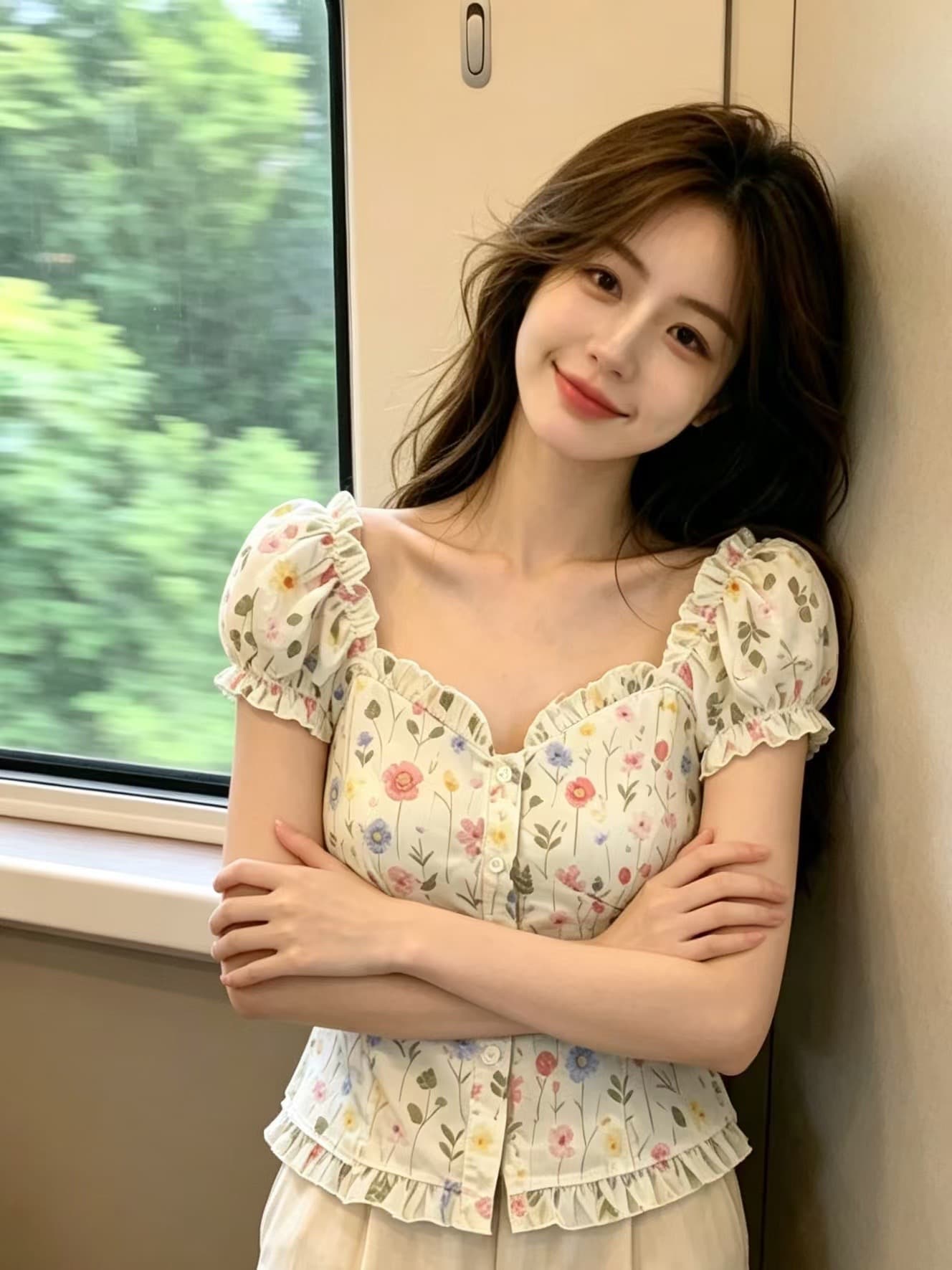 도파민 꽃무늬 거품 소매 맨위 여성 상세 이미지 7