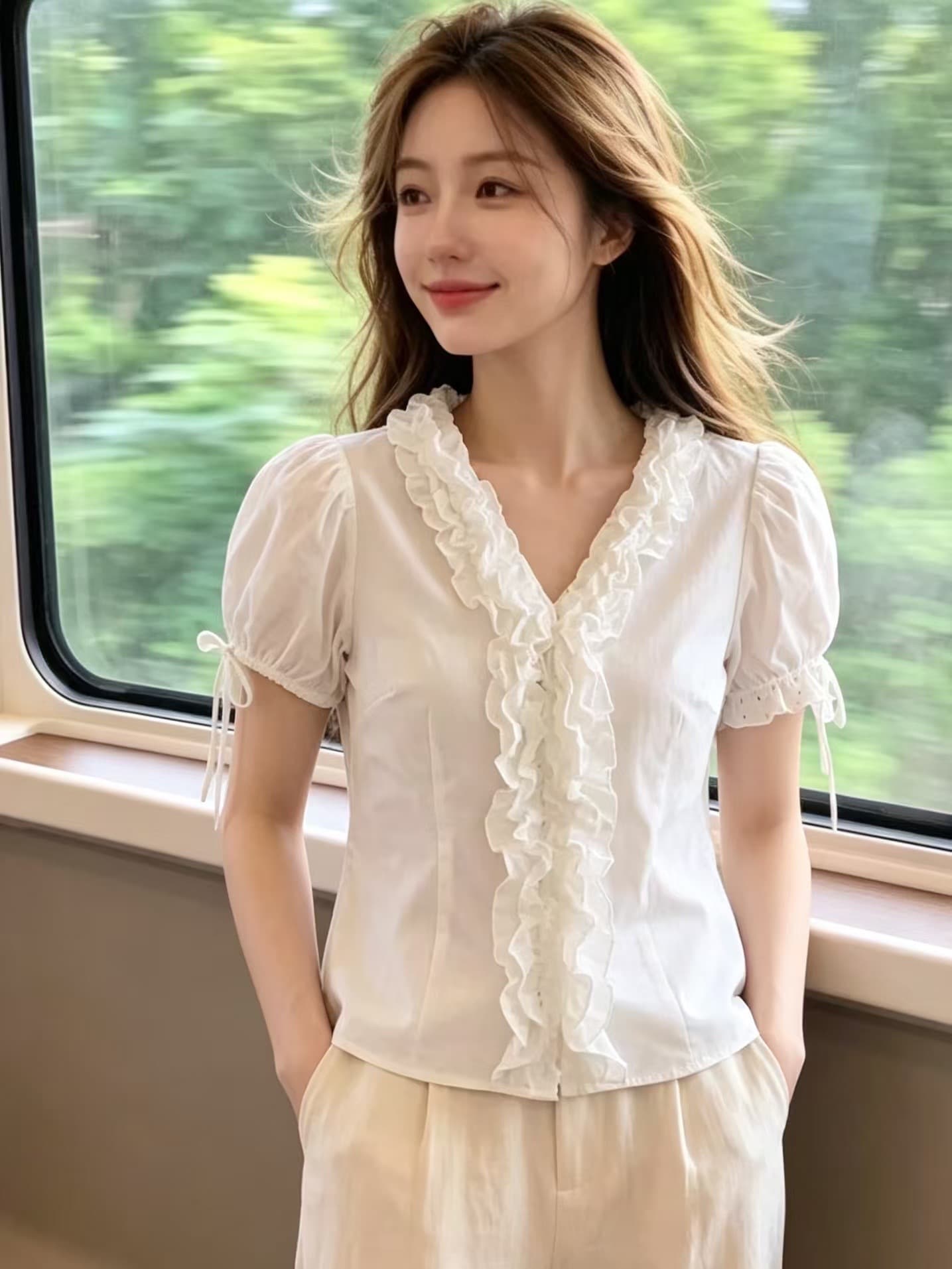 V넥 레이스 거품 소매 셔츠 맨위 여성 상세 이미지 2