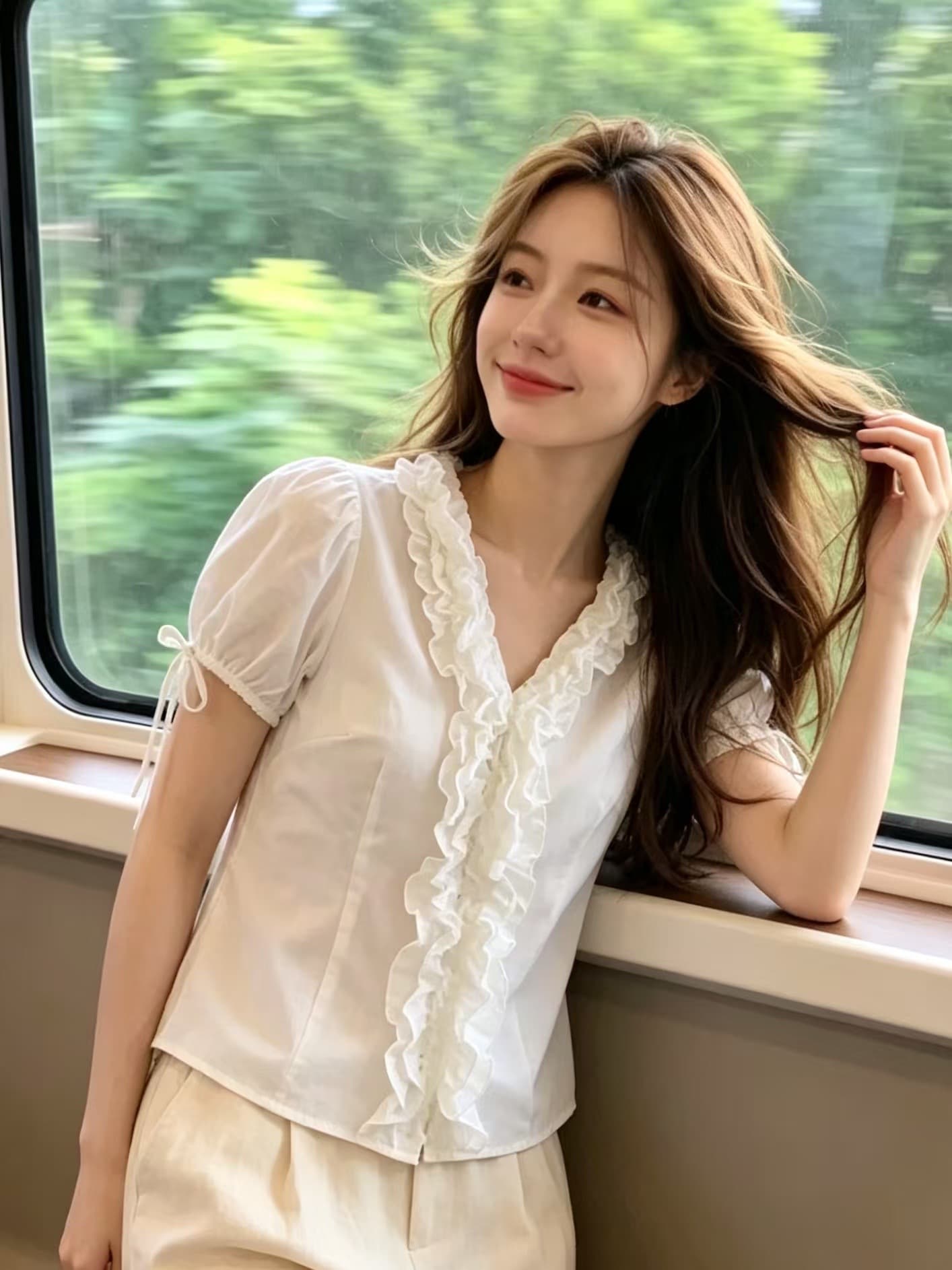 V넥 레이스 거품 소매 셔츠 맨위 여성 상세 이미지 3