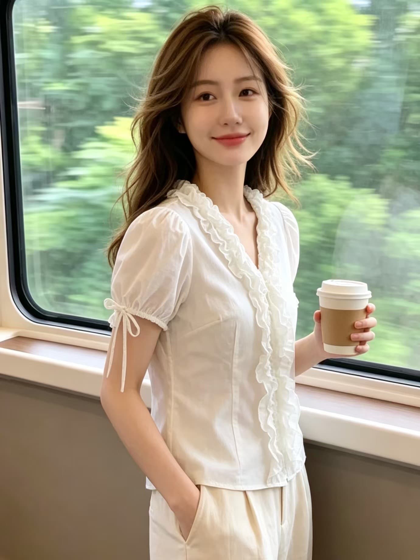 V넥 레이스 거품 소매 셔츠 맨위 여성 상세 이미지 4