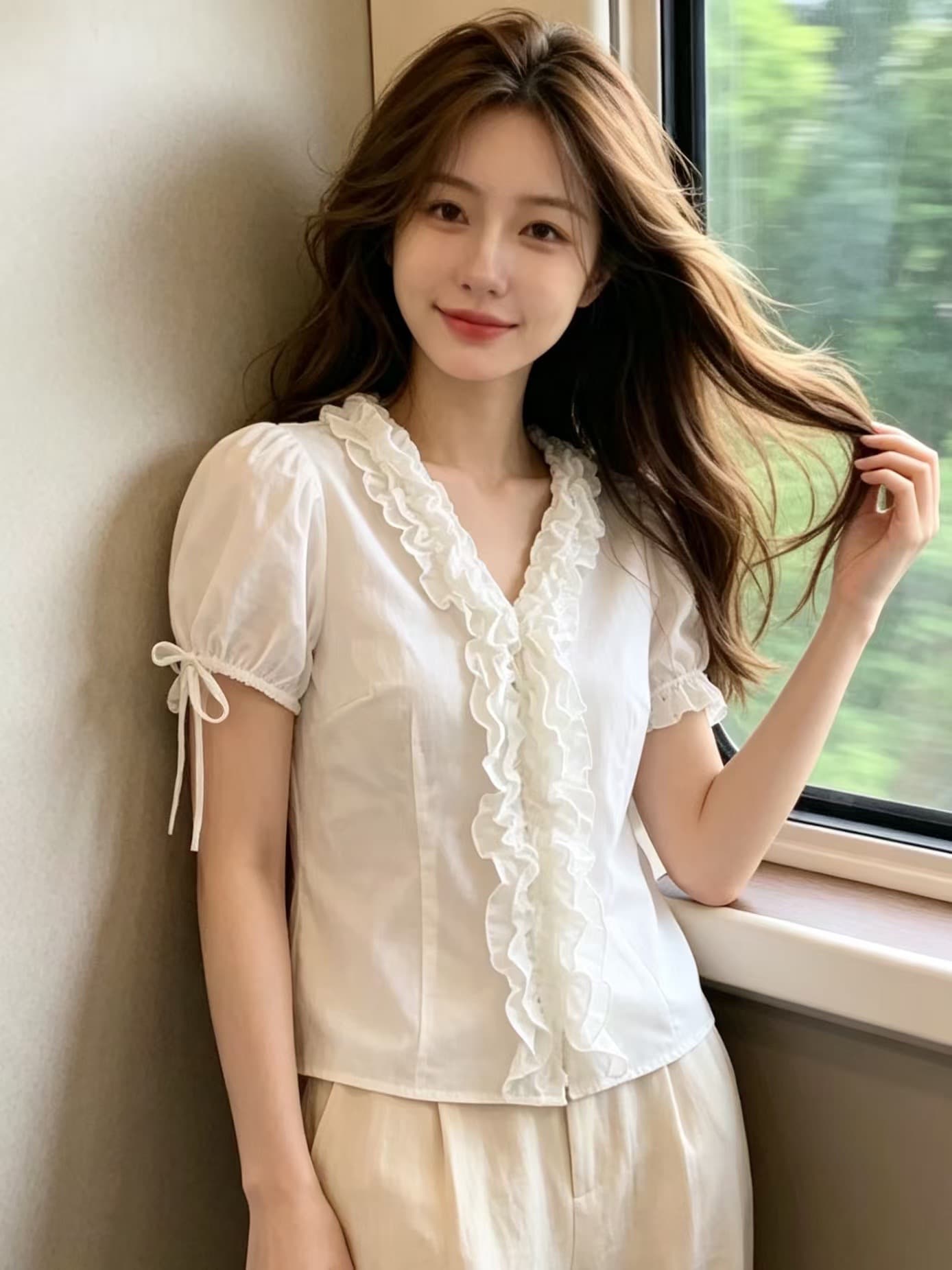 V넥 레이스 거품 소매 셔츠 맨위 여성 상세 이미지 5