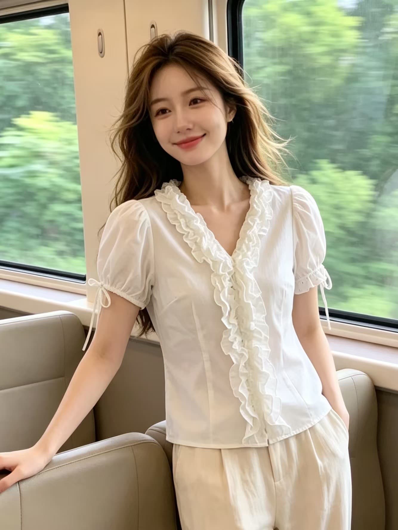 V넥 레이스 거품 소매 셔츠 맨위 여성 상세 이미지 6