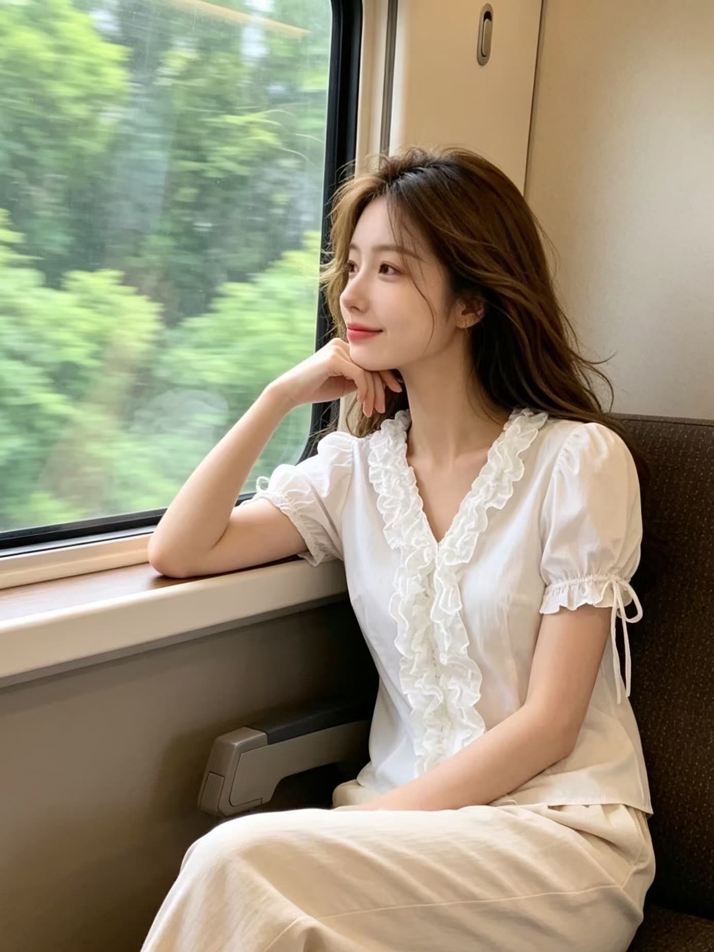 V넥 레이스 거품 소매 셔츠 맨위 여성 상세 이미지 7