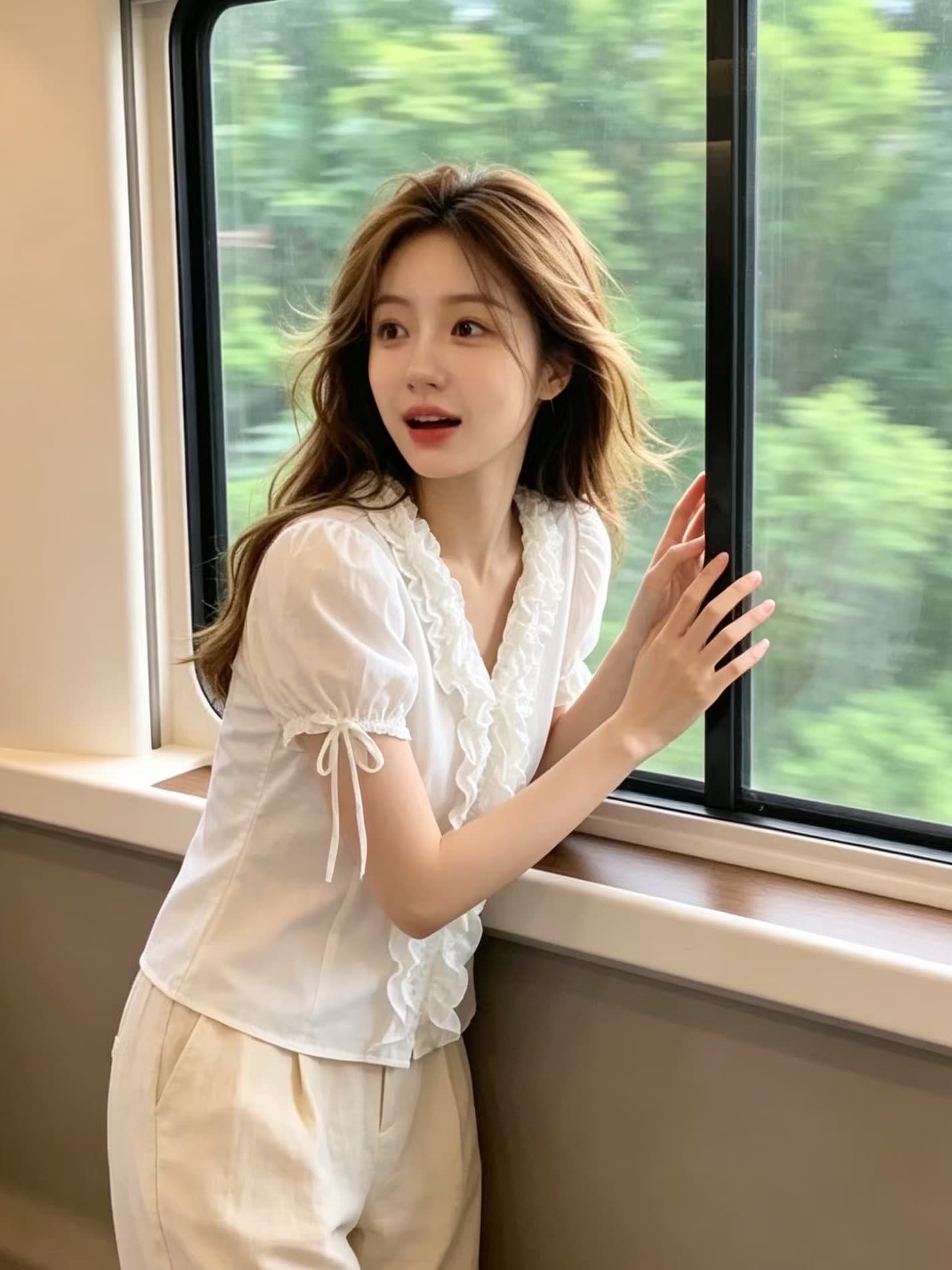 V넥 레이스 거품 소매 셔츠 맨위 여성 상세 이미지 9