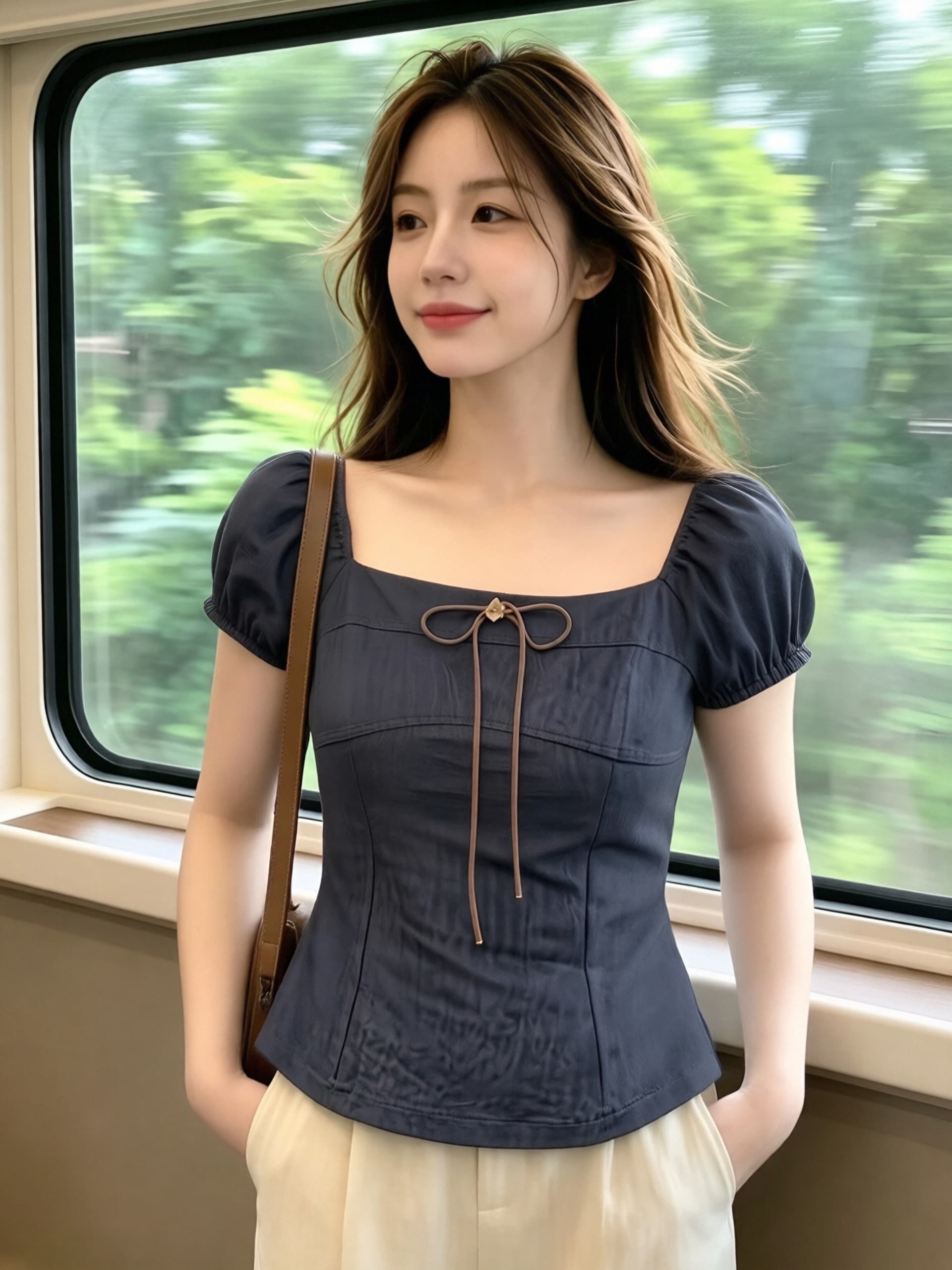 해군 광장 칼라 거품 소매 맨위 여성 상세 이미지 3