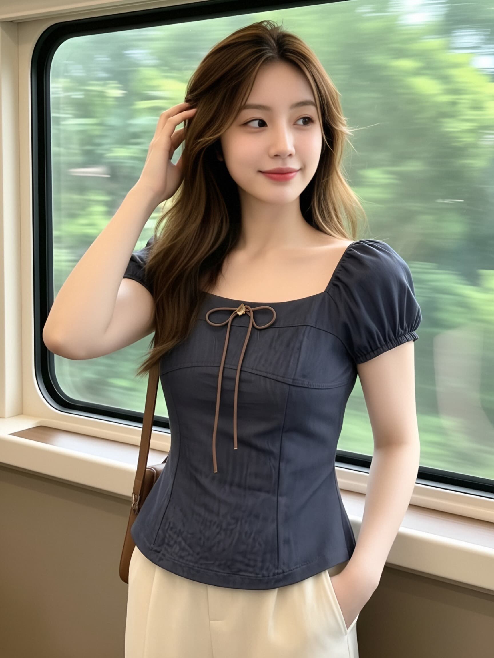 해군 광장 칼라 거품 소매 맨위 여성 상세 이미지 4